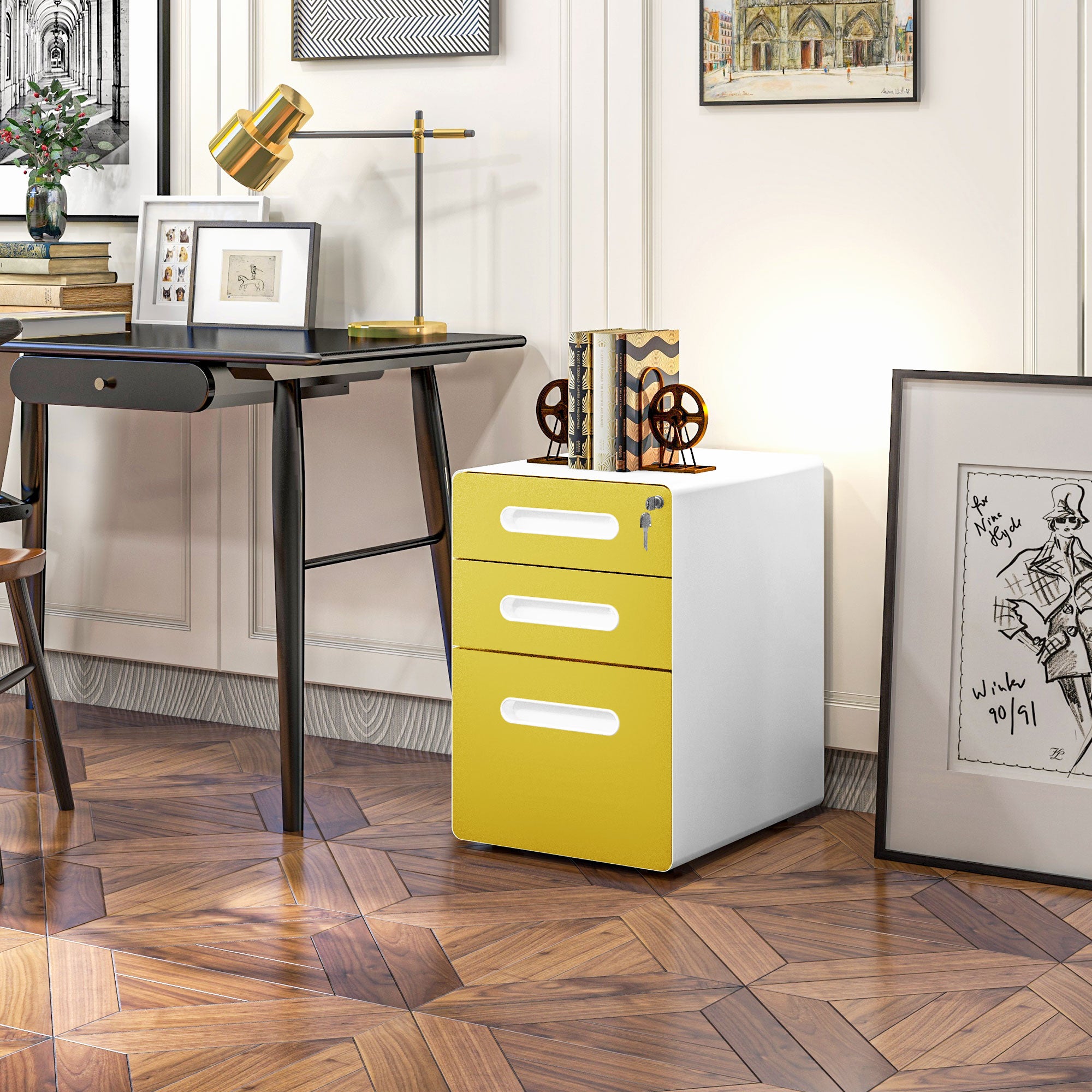 Vinsetto Lockable File Cabinet with 3 Drawers, Vertical Office Drawer for A4, Letter, Legal Size, Anti-tilt Design, Pre-Assembled Body, Yellow