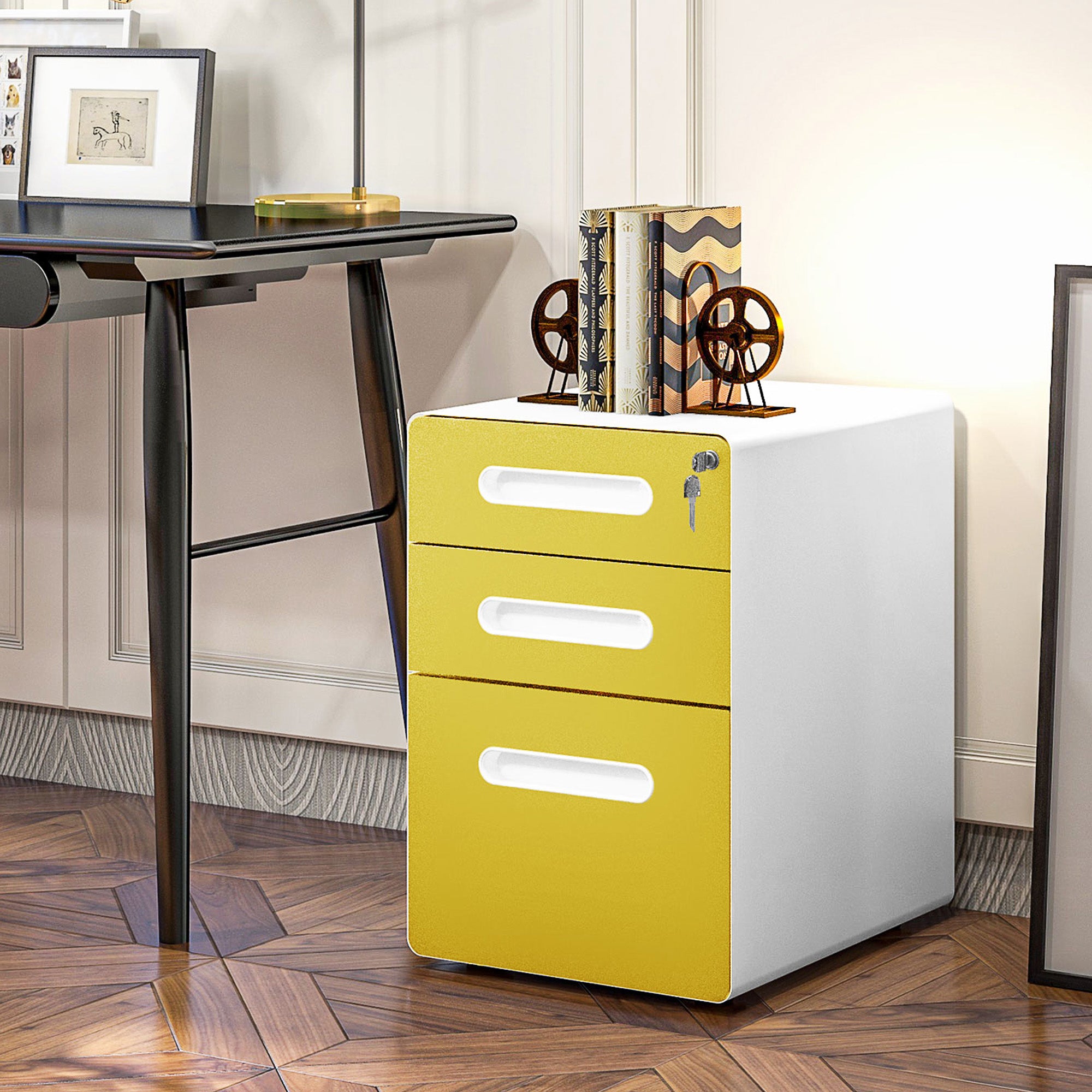 Vinsetto Lockable File Cabinet with 3 Drawers, Vertical Office Drawer for A4, Letter, Legal Size, Anti-tilt Design, Pre-Assembled Body, Yellow