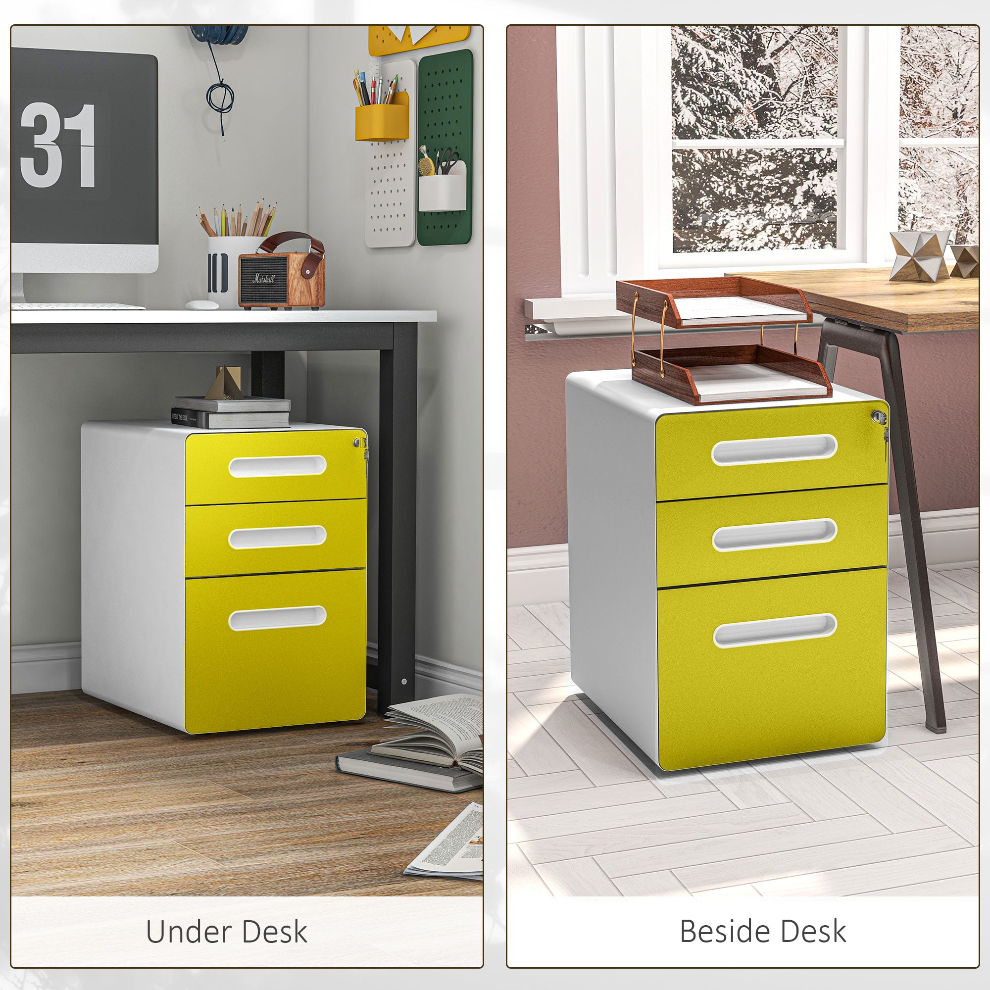 Vinsetto Lockable File Cabinet with 3 Drawers, Vertical Office Drawer for A4, Letter, Legal Size, Anti-tilt Design, Pre-Assembled Body, Yellow