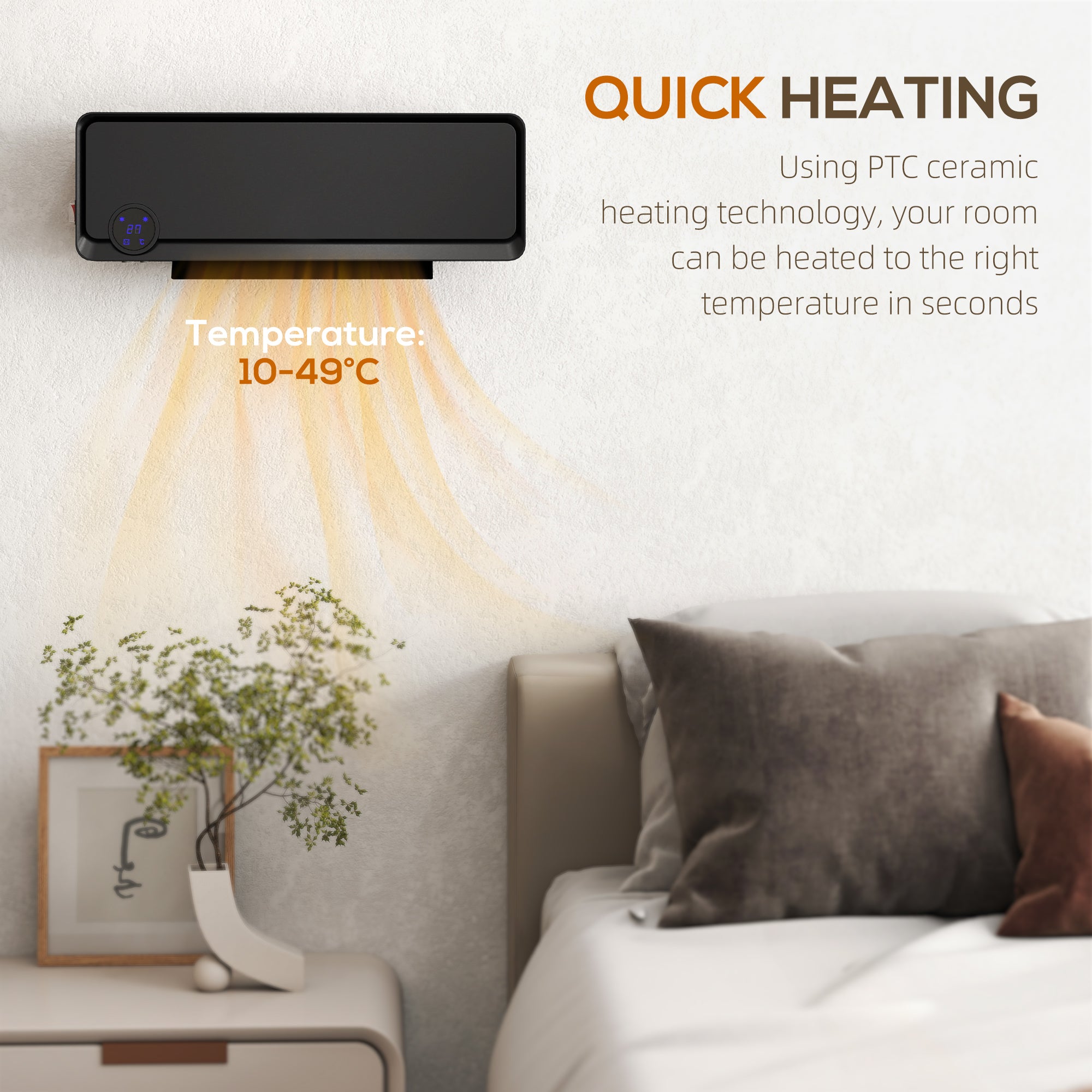 Wall Downflow Heater 2 Heat and Fan 1000W/2000W, Electric Space Heater with Timer Remote Oscillating, for Bedroom Home Office, Black