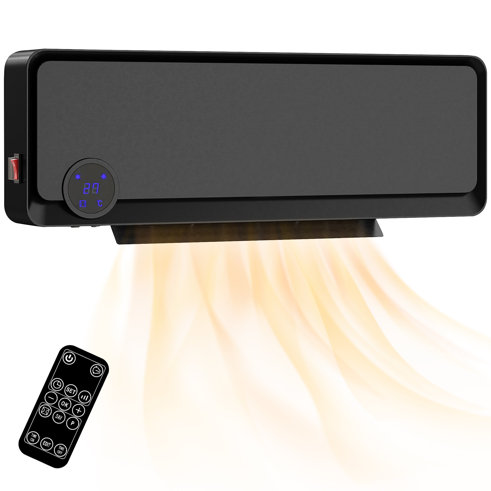 Wall Downflow Heater 2 Heat and Fan 1000W/2000W, Electric Space Heater with Timer Remote Oscillating, for Bedroom Home Office, Black