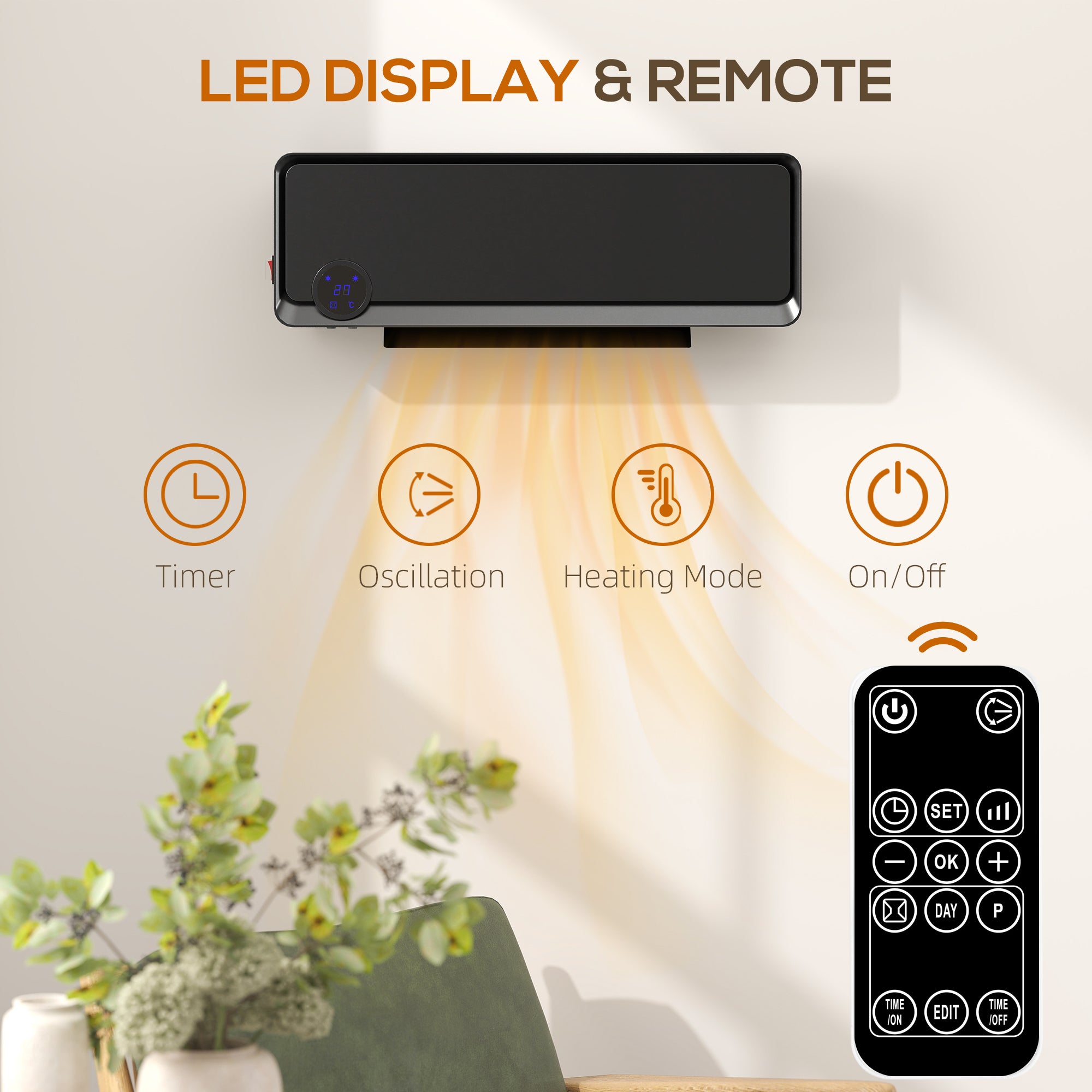 Wall Downflow Heater 2 Heat and Fan 1000W/2000W, Electric Space Heater with Timer Remote Oscillating, for Bedroom Home Office, Black