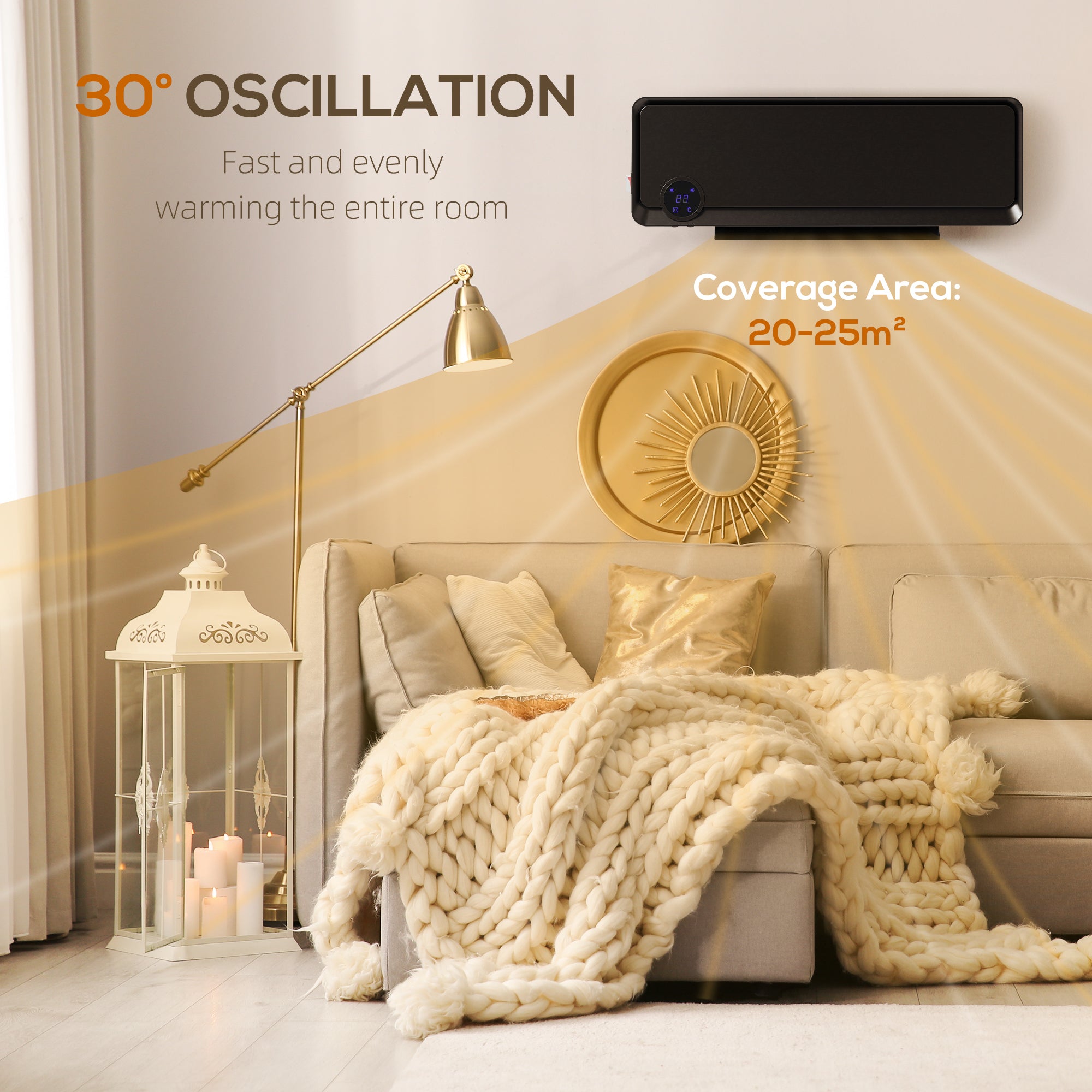 Wall Downflow Heater 2 Heat and Fan 1000W/2000W, Electric Space Heater with Timer Remote Oscillating, for Bedroom Home Office, Black