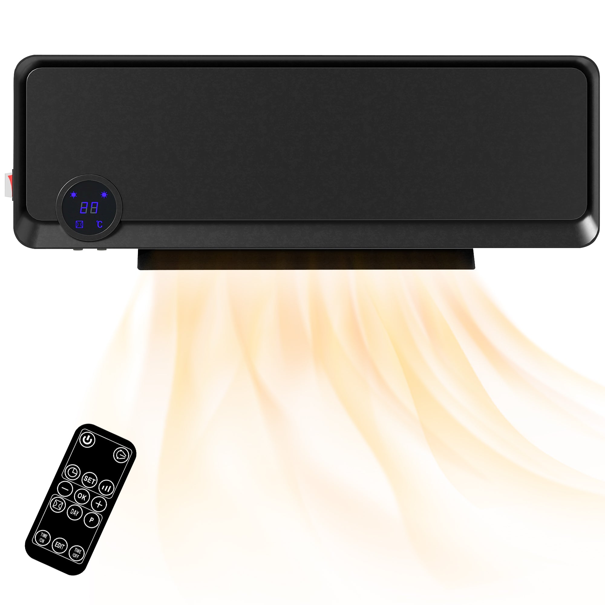 Wall Downflow Heater 2 Heat and Fan 1000W/2000W, Electric Space Heater with Timer Remote Oscillating, for Bedroom Home Office, Black