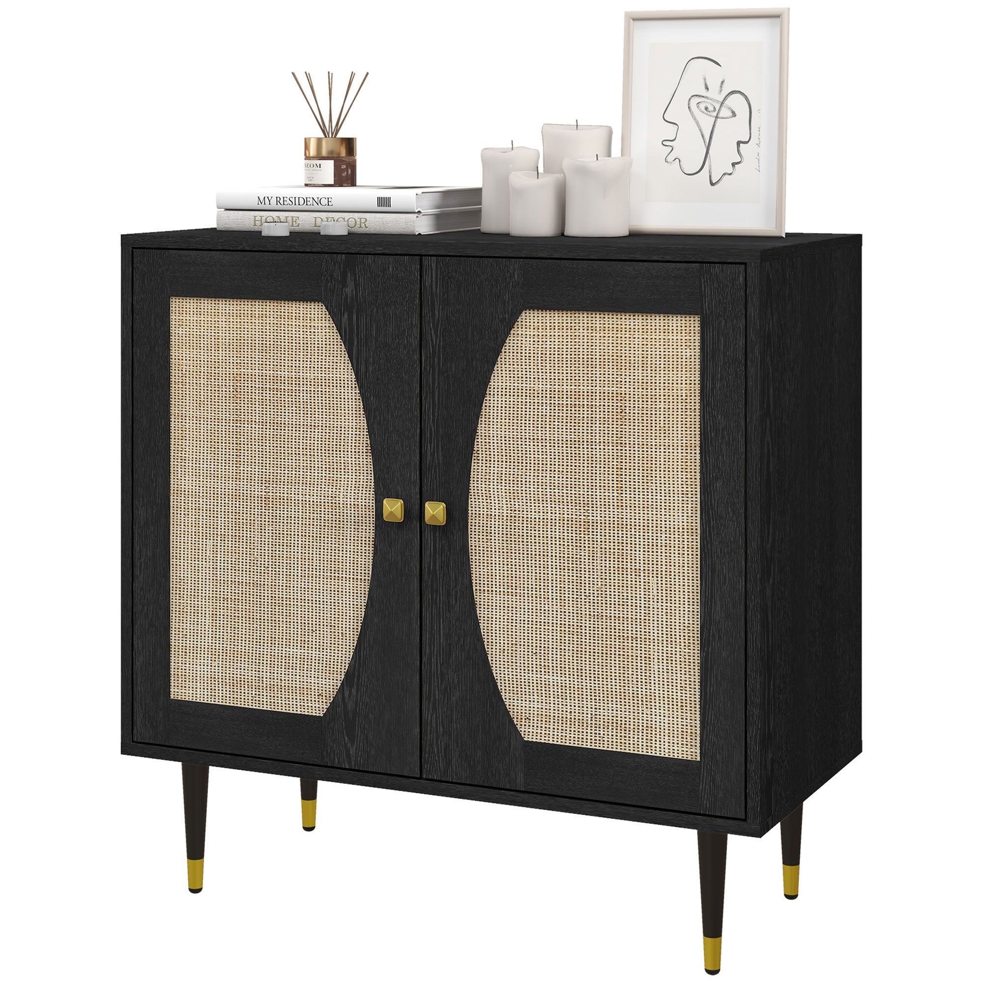 HOMCOM Boho Sideboard, Kitchen Storage Cabinet with Adjustable Shelf, Coffee Bar Cabinet with Rattan Decorated Doors, Black