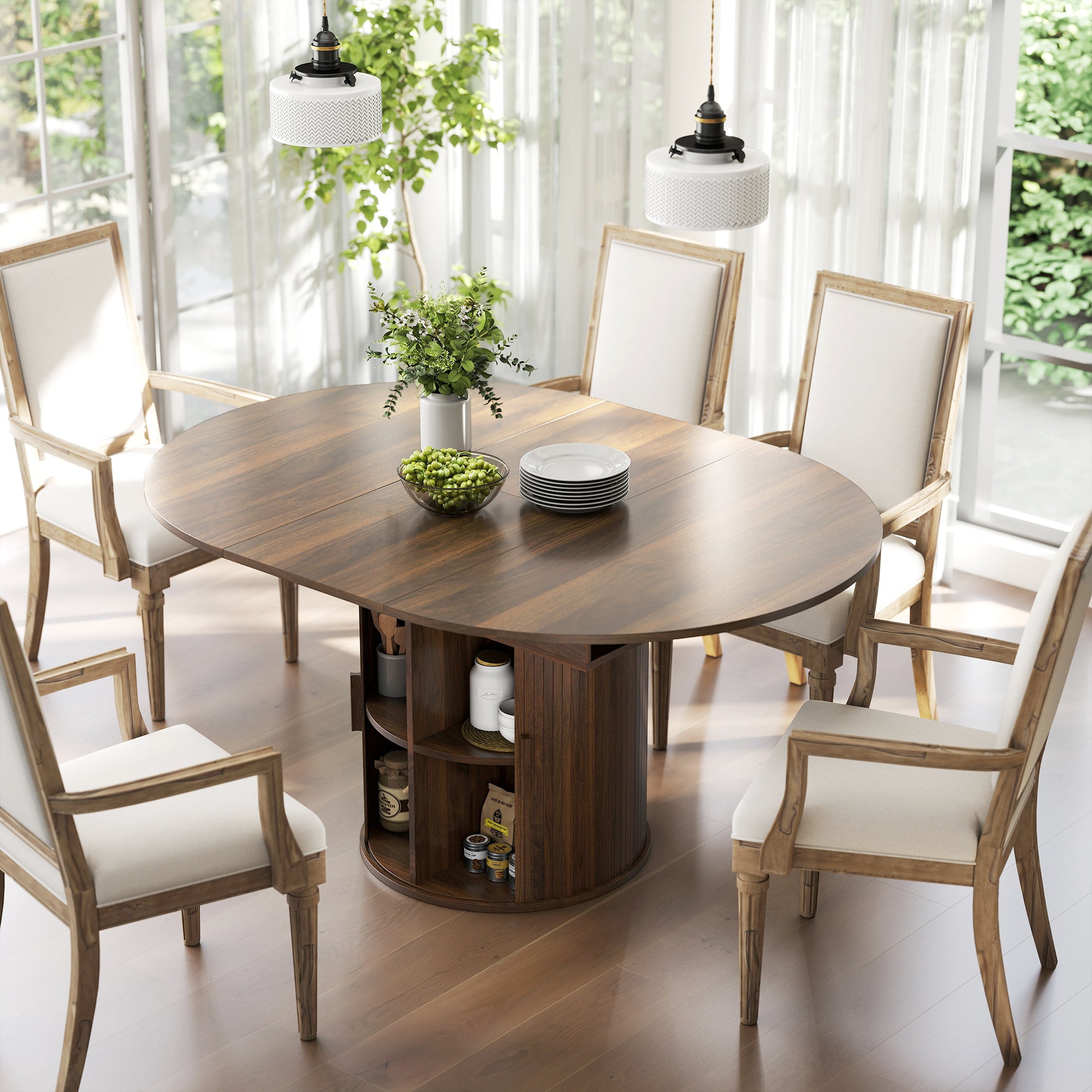 Extendable Dining Table for 6, 60 Inch Farmhouse Oval Kitchen Table with 2-Tier Storage Shelf and Fluted Sliding Doors for Dining Room Living Room, Walnut