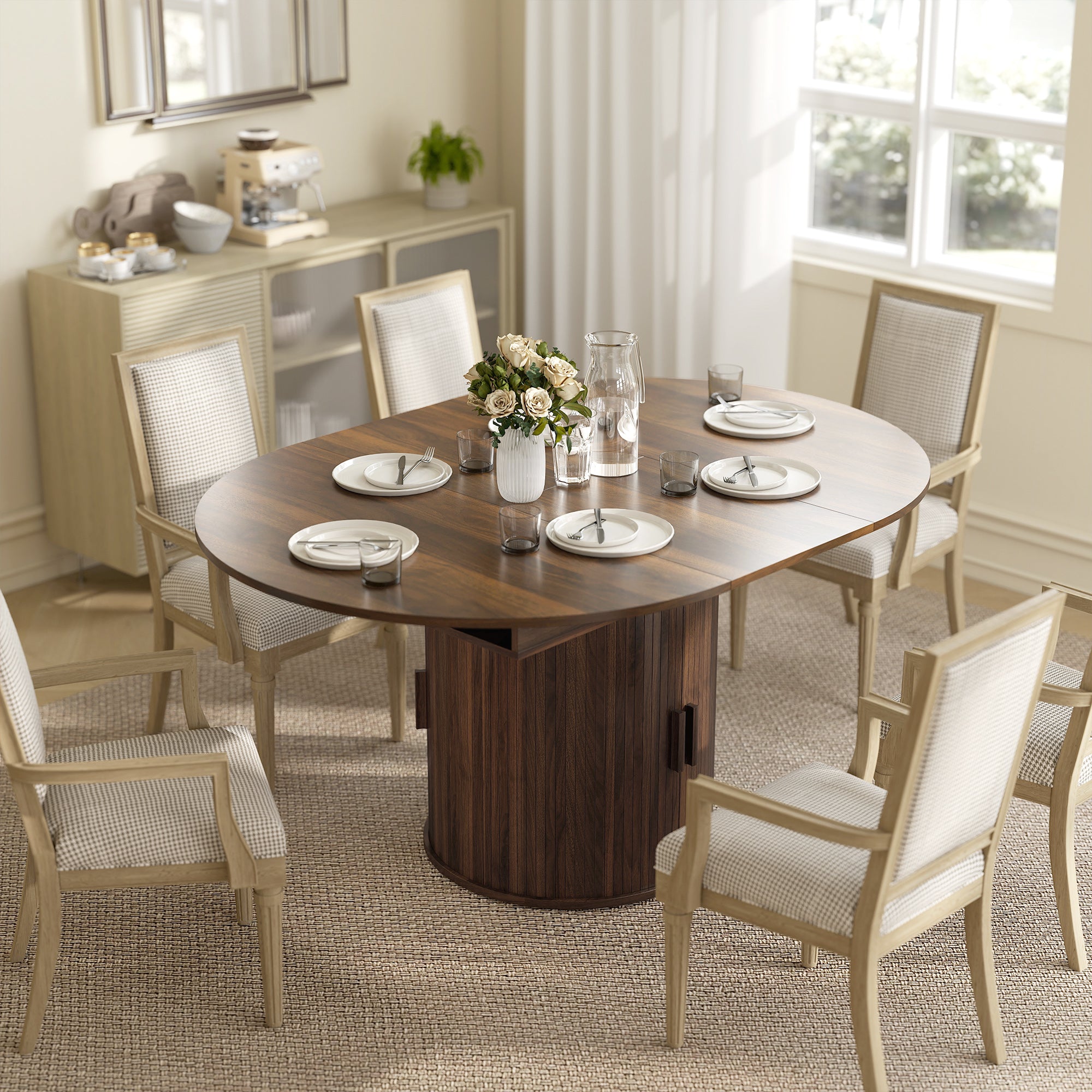 Extendable Dining Table for 6, 60 Inch Farmhouse Oval Kitchen Table with 2-Tier Storage Shelf and Fluted Sliding Doors for Dining Room Living Room, Walnut