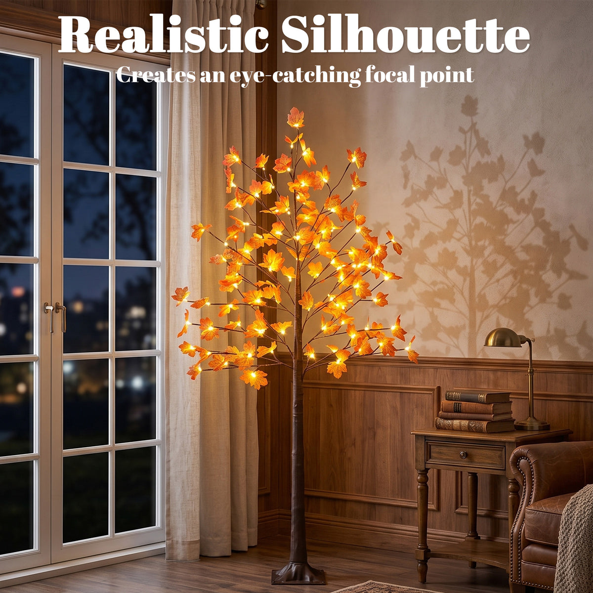 6FT Artificial Lighted Maple Tree with 96 LED Lights, Daily Timer, Fall Decoration with 8 Bendable Branches for Home Indoor Sheltered Outdoor, Thanksgiving Decor
