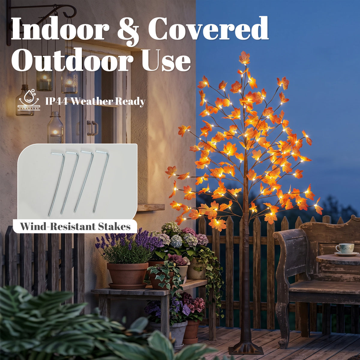 6FT Artificial Lighted Maple Tree with 96 LED Lights, Daily Timer, Fall Decoration with 8 Bendable Branches for Home Indoor Sheltered Outdoor, Thanksgiving Decor