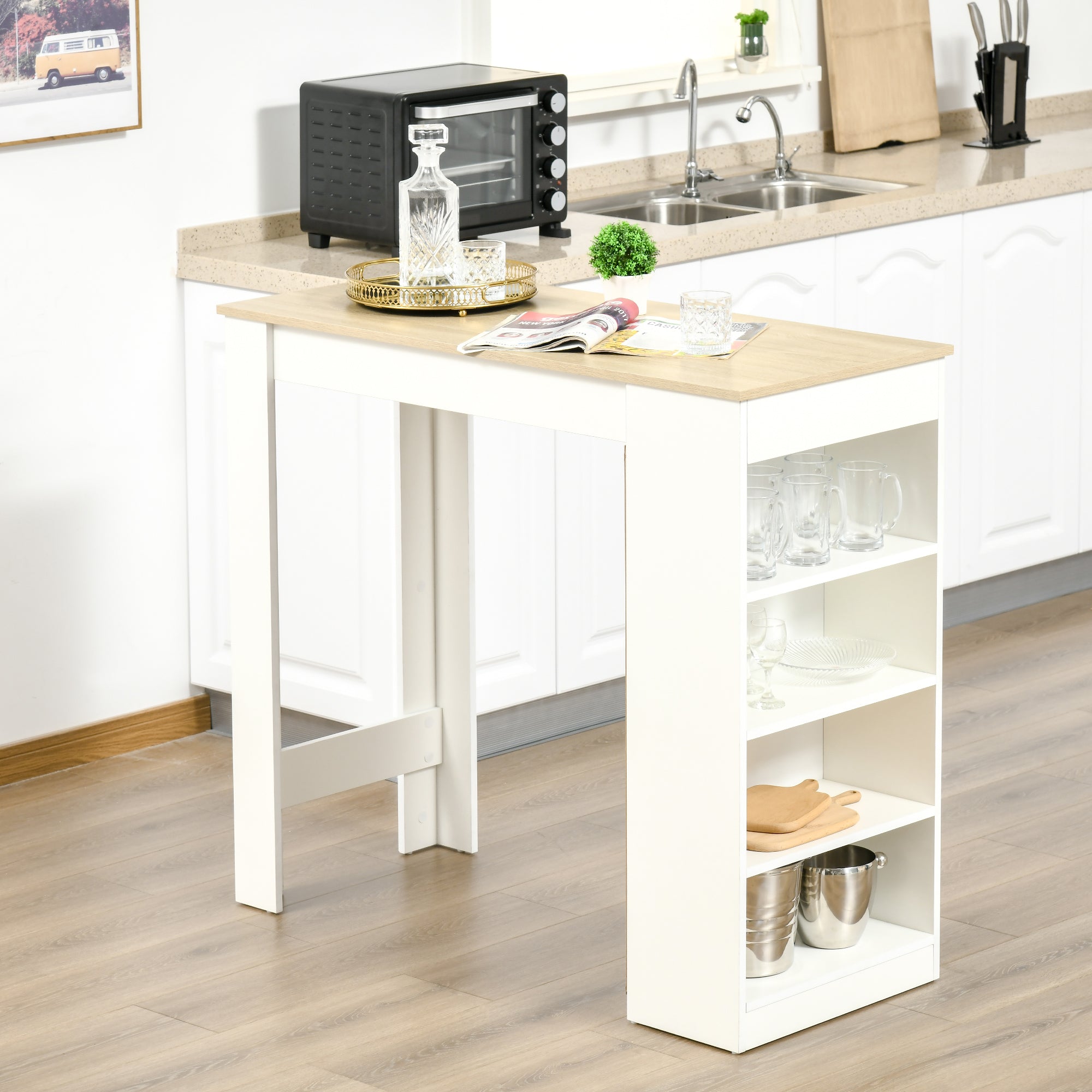 HOMCOM Bar Table, High Top Pub Table with 4 Storage Shelves, Modern Bar Height Table for Home Bar, Kitchen, Natural