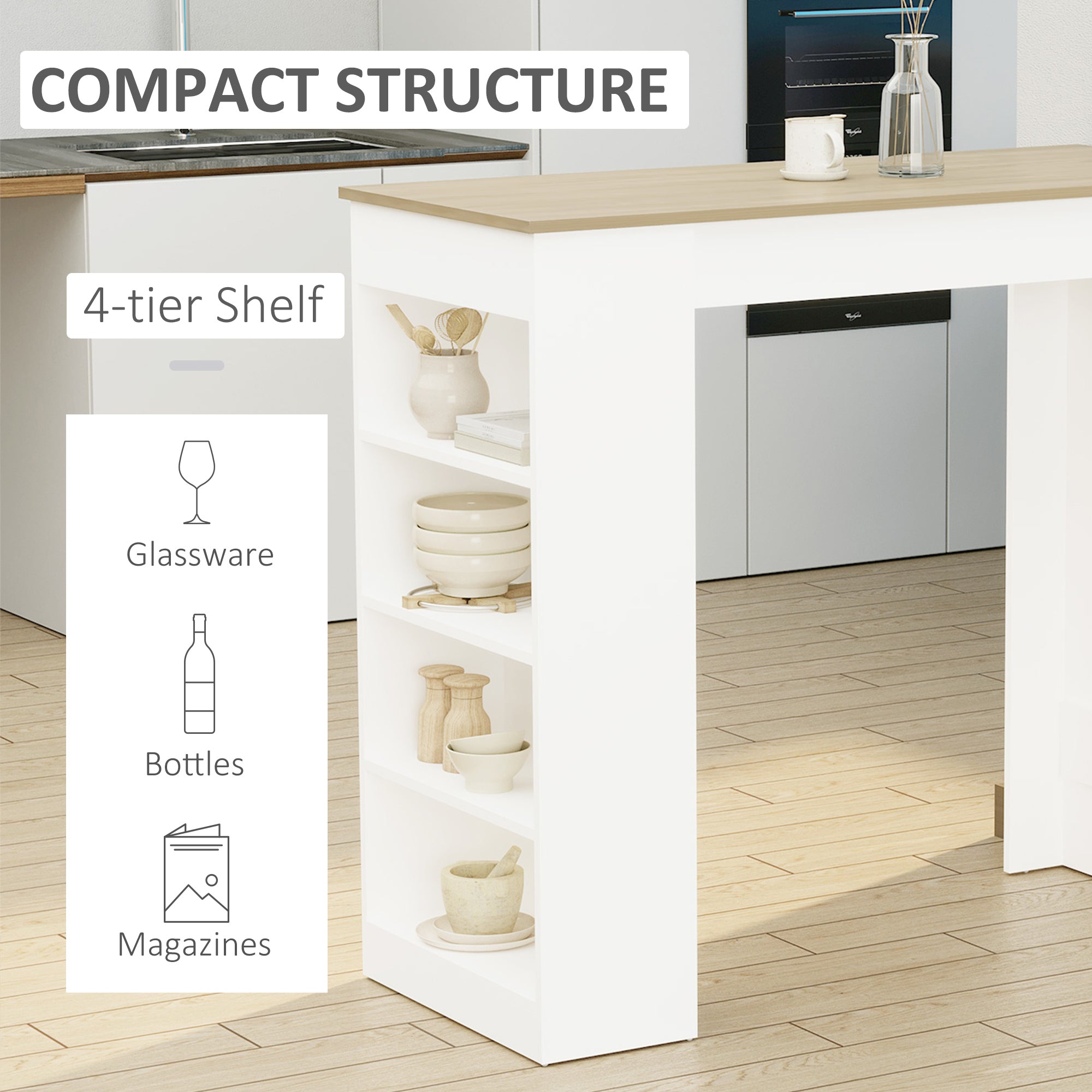 HOMCOM Bar Table, High Top Pub Table with 4 Storage Shelves, Modern Bar Height Table for Home Bar, Kitchen, Natural