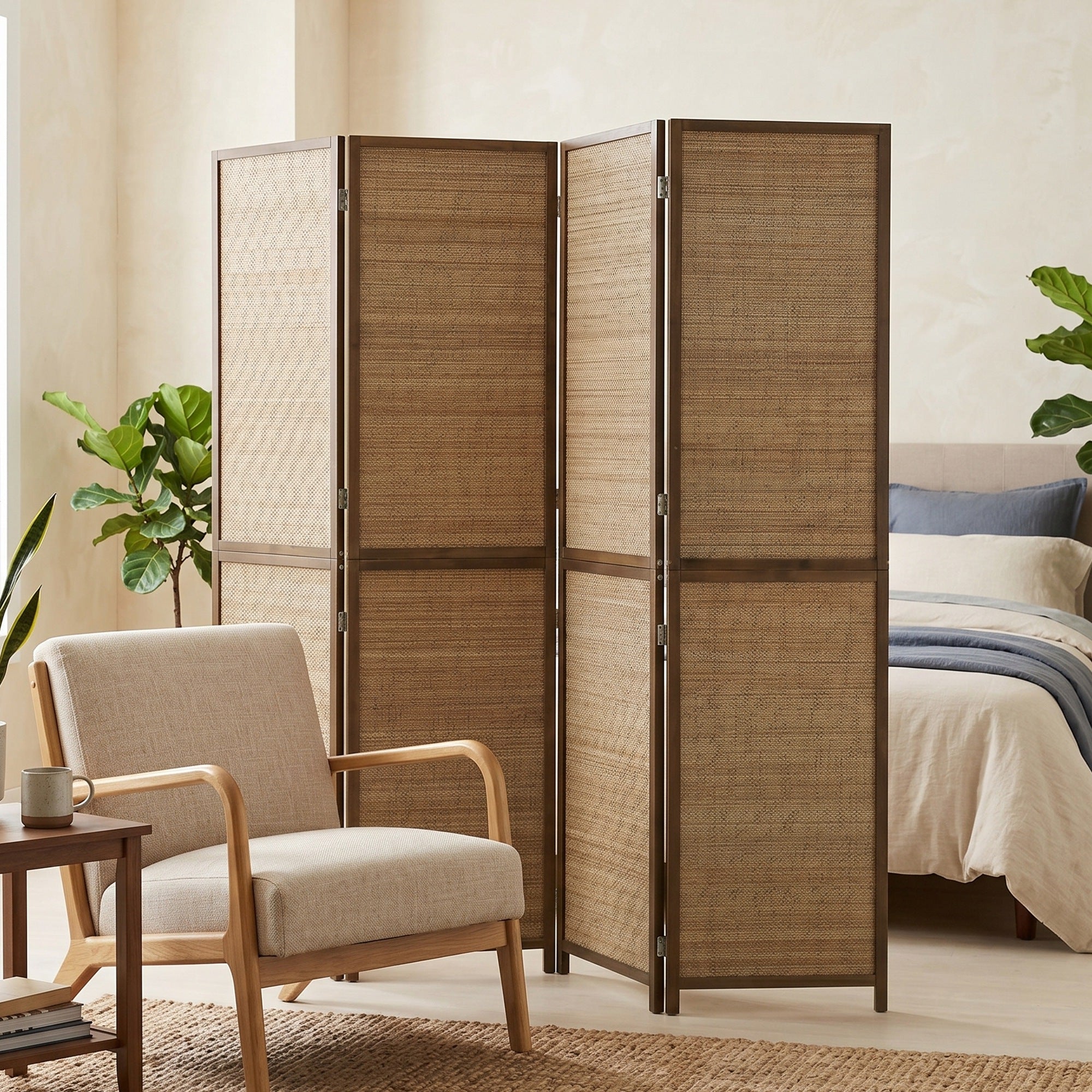 Room Divider, 6 FT Tall Folding Privacy Screen, 4 Panel Hand-Woven Bamboo Wall Partition for Room Separation, Portable Boho Freestanding Wall Divider for Bedroom, Home Office, Brown