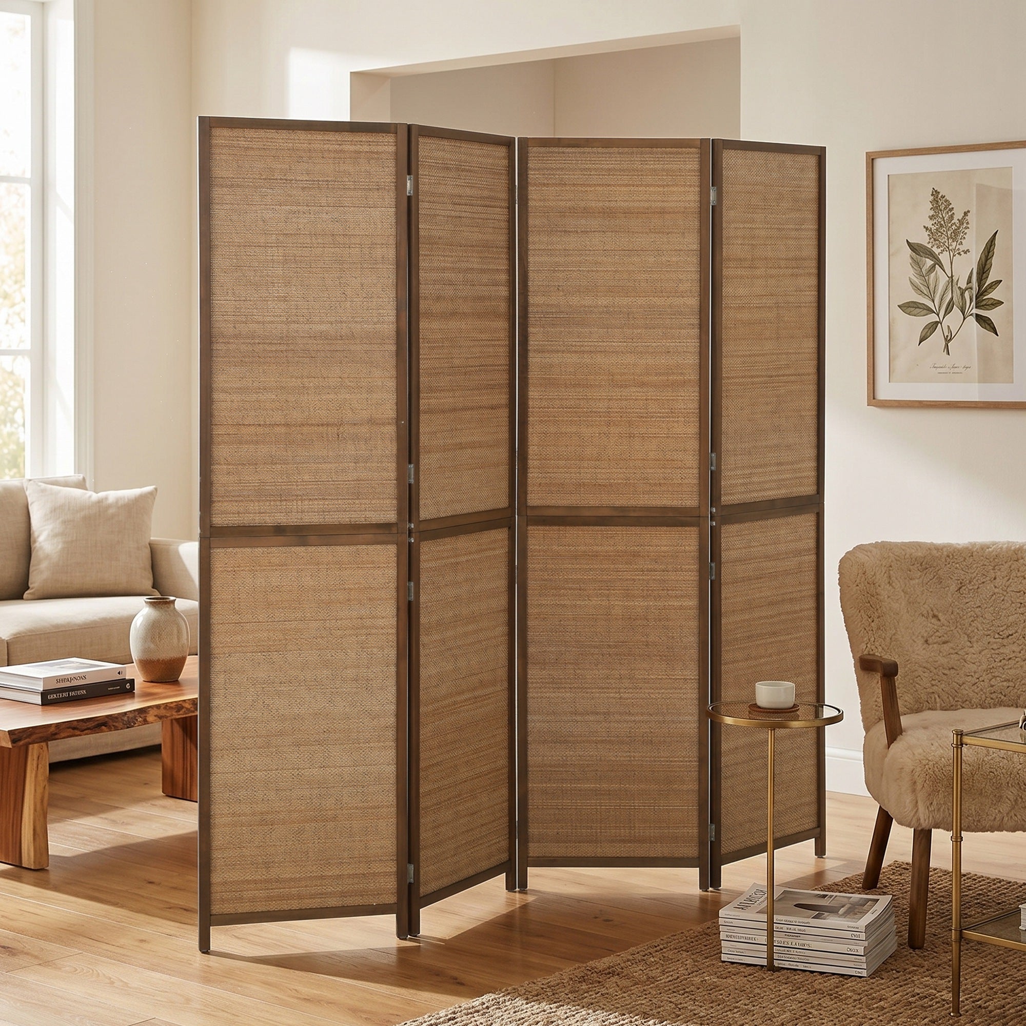 Room Divider, 6 FT Tall Folding Privacy Screen, 4 Panel Hand-Woven Bamboo Wall Partition for Room Separation, Portable Boho Freestanding Wall Divider for Bedroom, Home Office, Brown