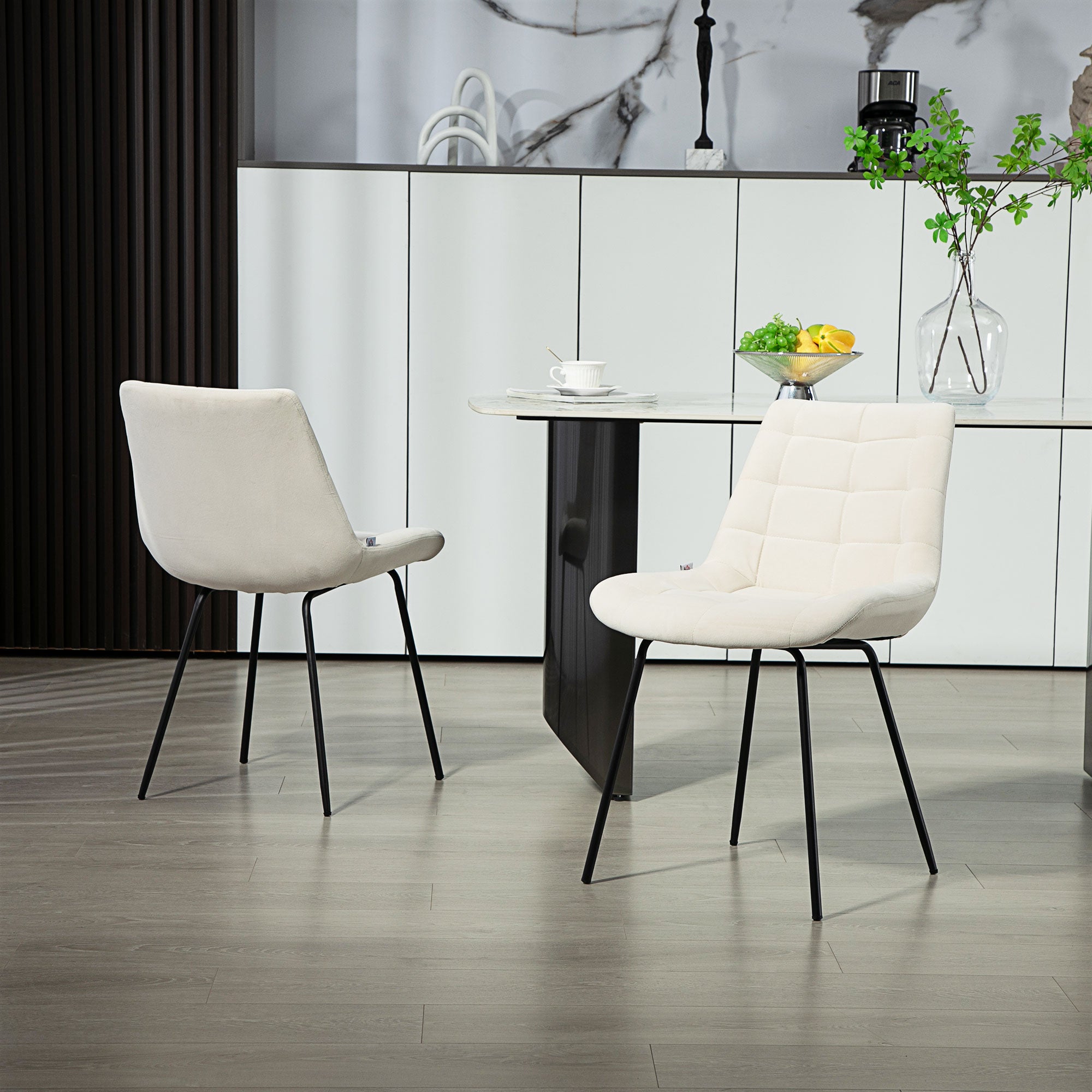 HOMCOM Dining Chairs Set of 2, Modern Upholstered Kitchen Chairs with Steel Legs for Living Room, Bedroom, Cream White