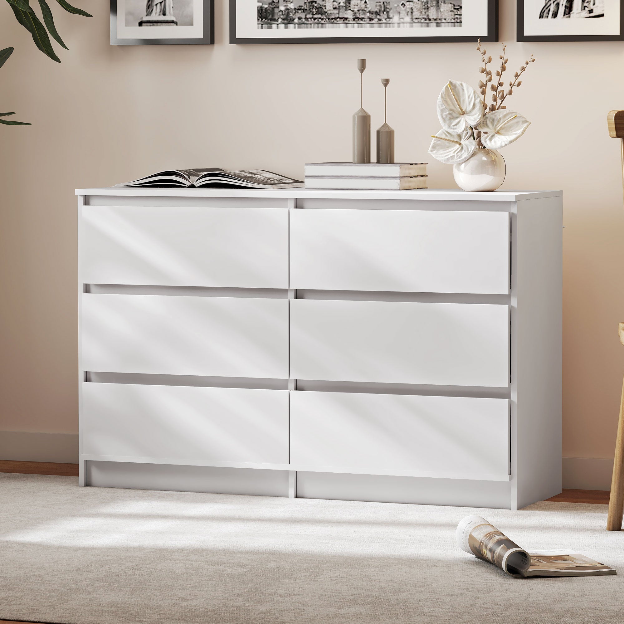 6 Drawer Dresser for Bedroom, Wide Chest of Drawers, Modern Clothes Storage Organizer for Living Room, Hallway, White