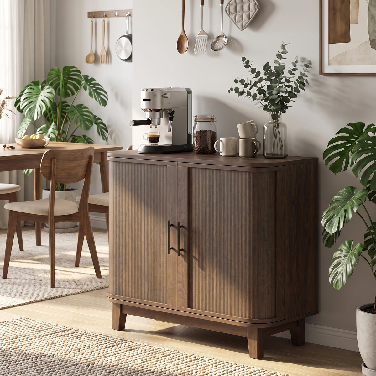 80cm Sideboard Buffet Cabinet, Modern Storage Cabinet with 2 Curved Doors, Adjustable Shelf and Legs for Dining Room, Hallway, Dark Walnut