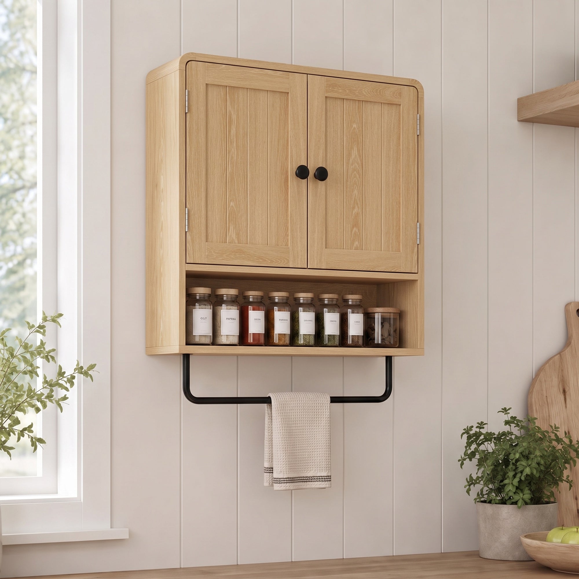 Bathroom Wall Cabinet, Wall Mounted Bathroom Cabinet with 2 Doors, Open Shelf, Towel Bar and Adjustable Shelf Storage for Toilet, Laundry, Oak
