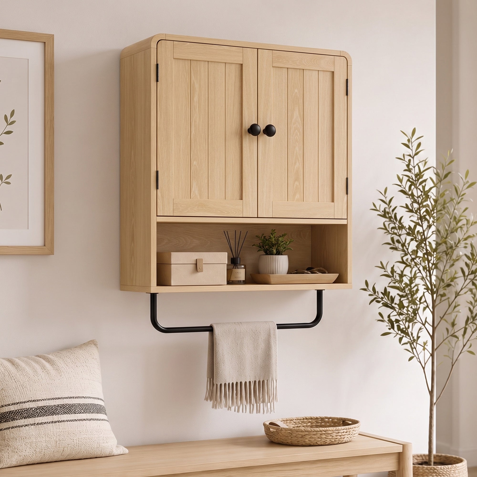 Bathroom Wall Cabinet, Wall Mounted Bathroom Cabinet with 2 Doors, Open Shelf, Towel Bar and Adjustable Shelf Storage for Toilet, Laundry, Oak