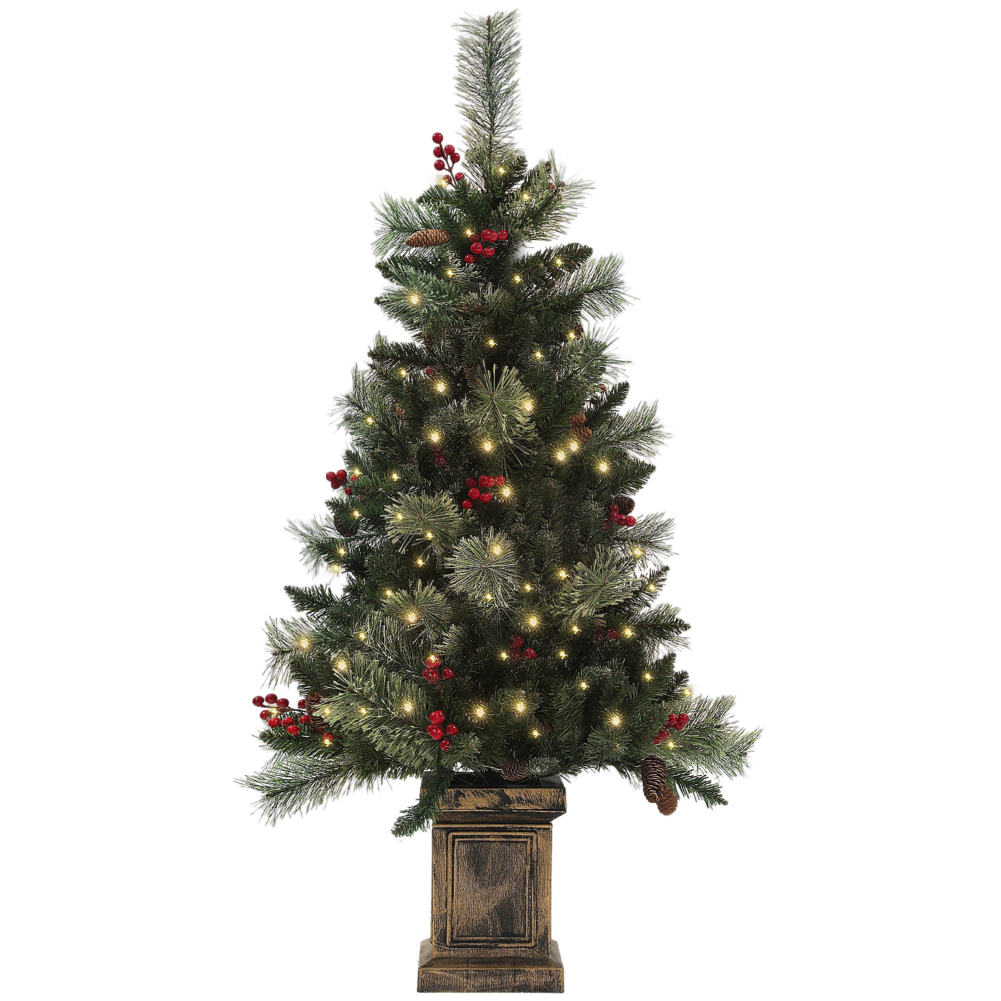 1.2m/4ft Artificial Christmas Tree with 100 Warm White LED Lights and 8 Modes, Small Xmas Tree with Red Berries, Pine Cones and Retro Base, Green