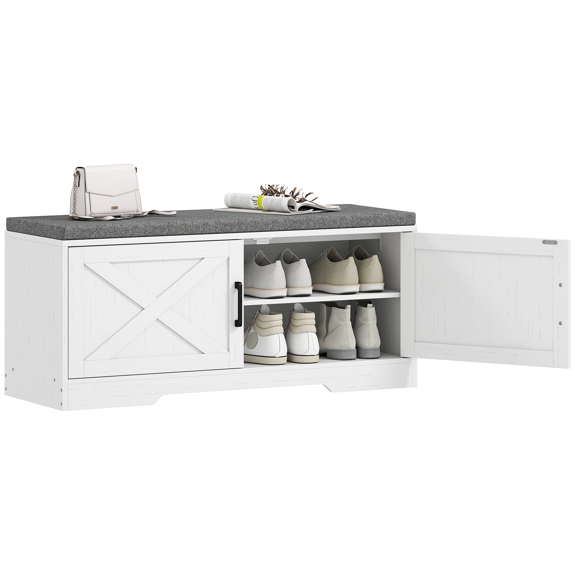 2-Tier Shoe Storage Bench, Shoe Bench with Cushion, Adjustable Shelves & 2 Doors, Modern Farmhouse Style Entryway Cabinet for Hallway, Bedroom, White