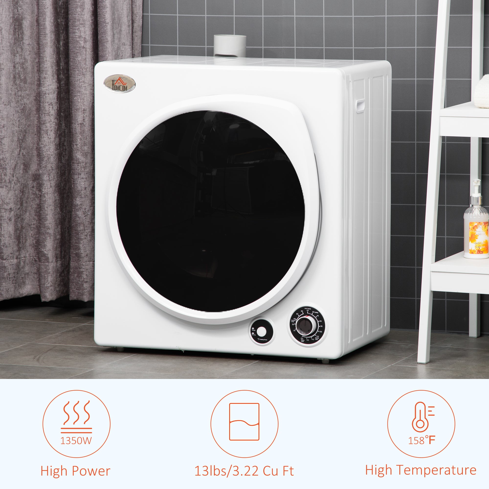 HOMCOM 1350W 13lbs Electric Portable Compact Laundry Clothes Dryer, 3.22 cu.ft. Portable Tumble Dryer with Stainless Steel Drum, for Apartment, Home, White