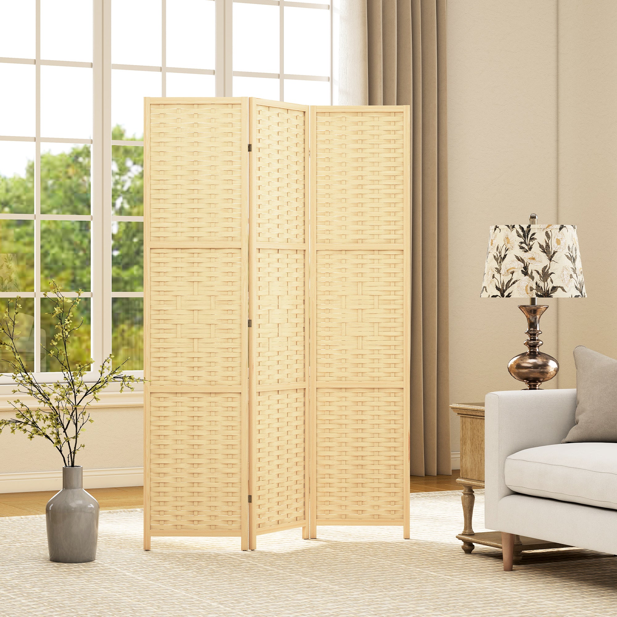 3-Panel Room Divider, 5.6 FT Bamboo Wave Freestanding Folding Privacy Screen, Partition Wall Divider for Indoor, Bedroom, Office, Natural Wood