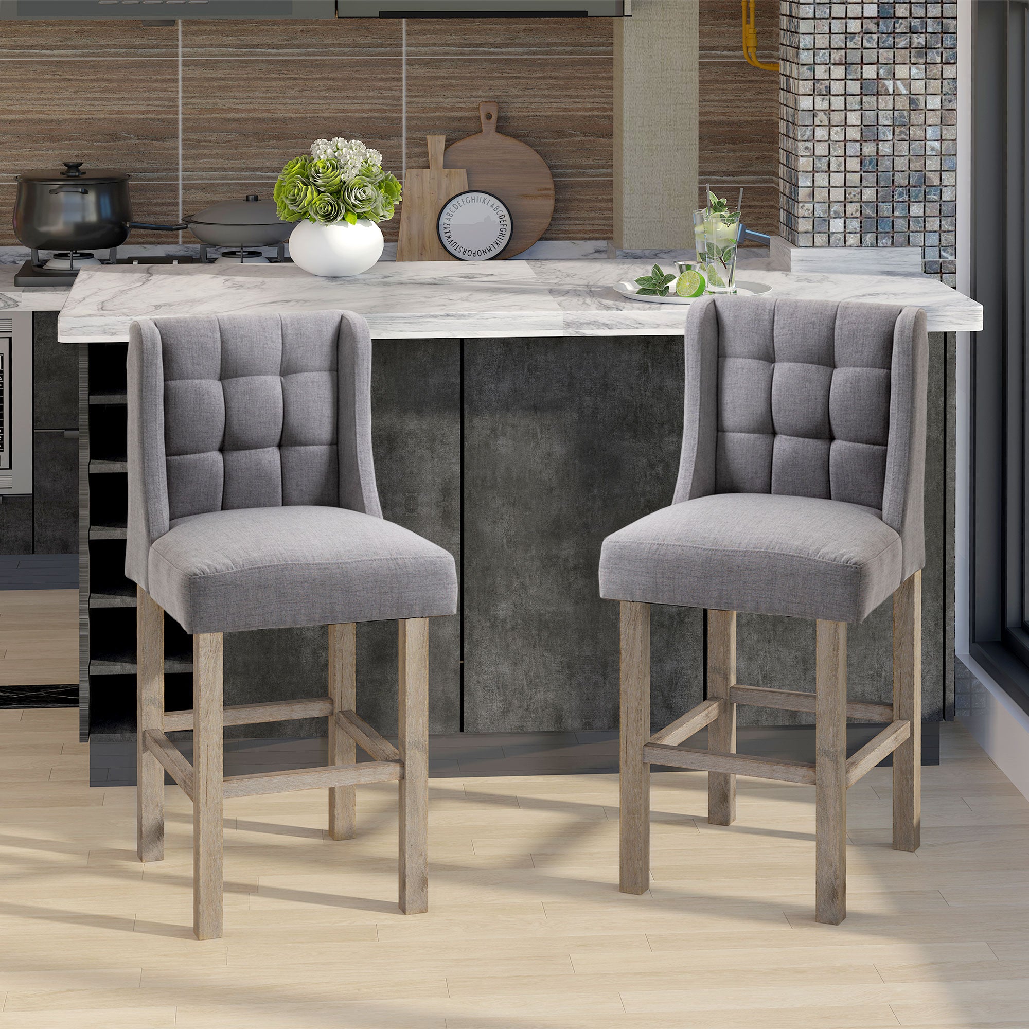 HOMCOM Counter Height Bar Stools Set of 2, Upholstered Bar Chairs with Square Tufted Backrest and Footrest, Modern Barstools for Kitchen, Dining Room, Grey