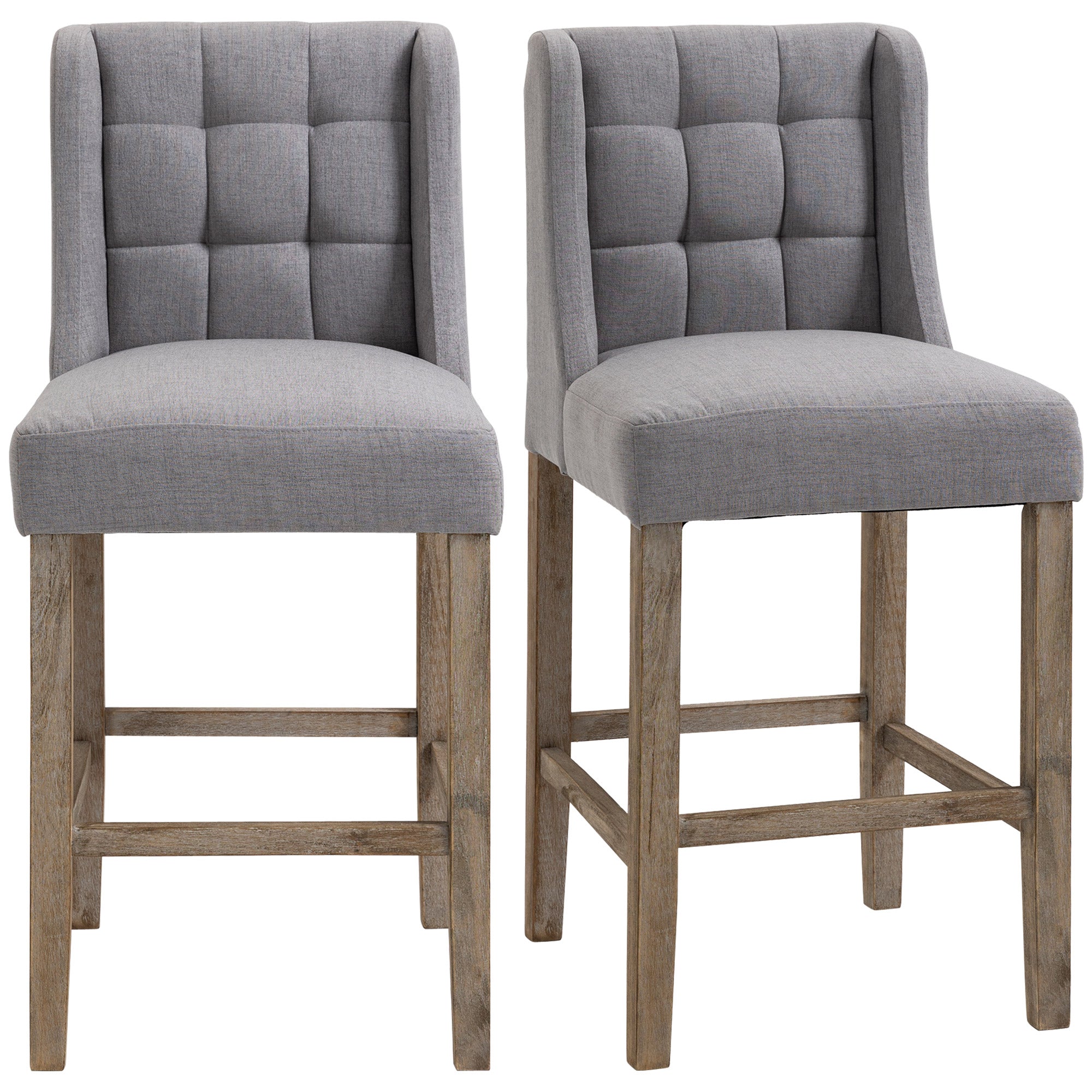 HOMCOM Counter Height Bar Stools Set of 2, Upholstered Bar Chairs with Square Tufted Backrest and Footrest, Modern Barstools for Kitchen, Dining Room, Grey