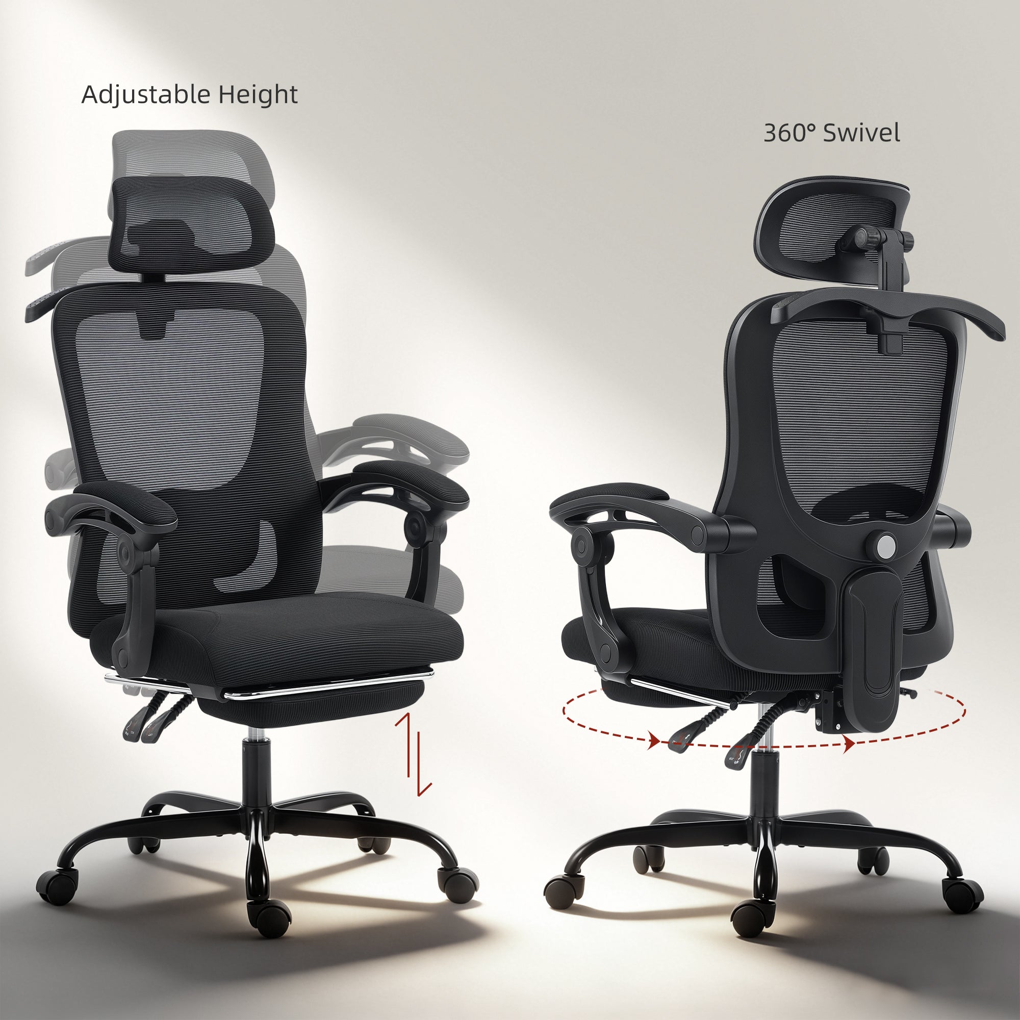 Ergonomic Office Chair, Mesh Computer Desk Chair with Adjustable Headrest, Lumbar Support, High Back, Reclining Function, Retractable Footrest, Black