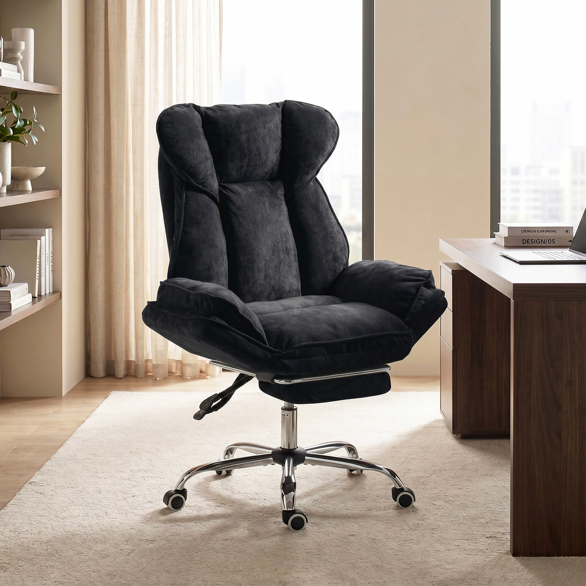 Big and Tall Office Chair, Heavy Duty High Back Desk Chair with Swivel Wheels and Footrest, Reclining Executive Snowflake Velvet, Black