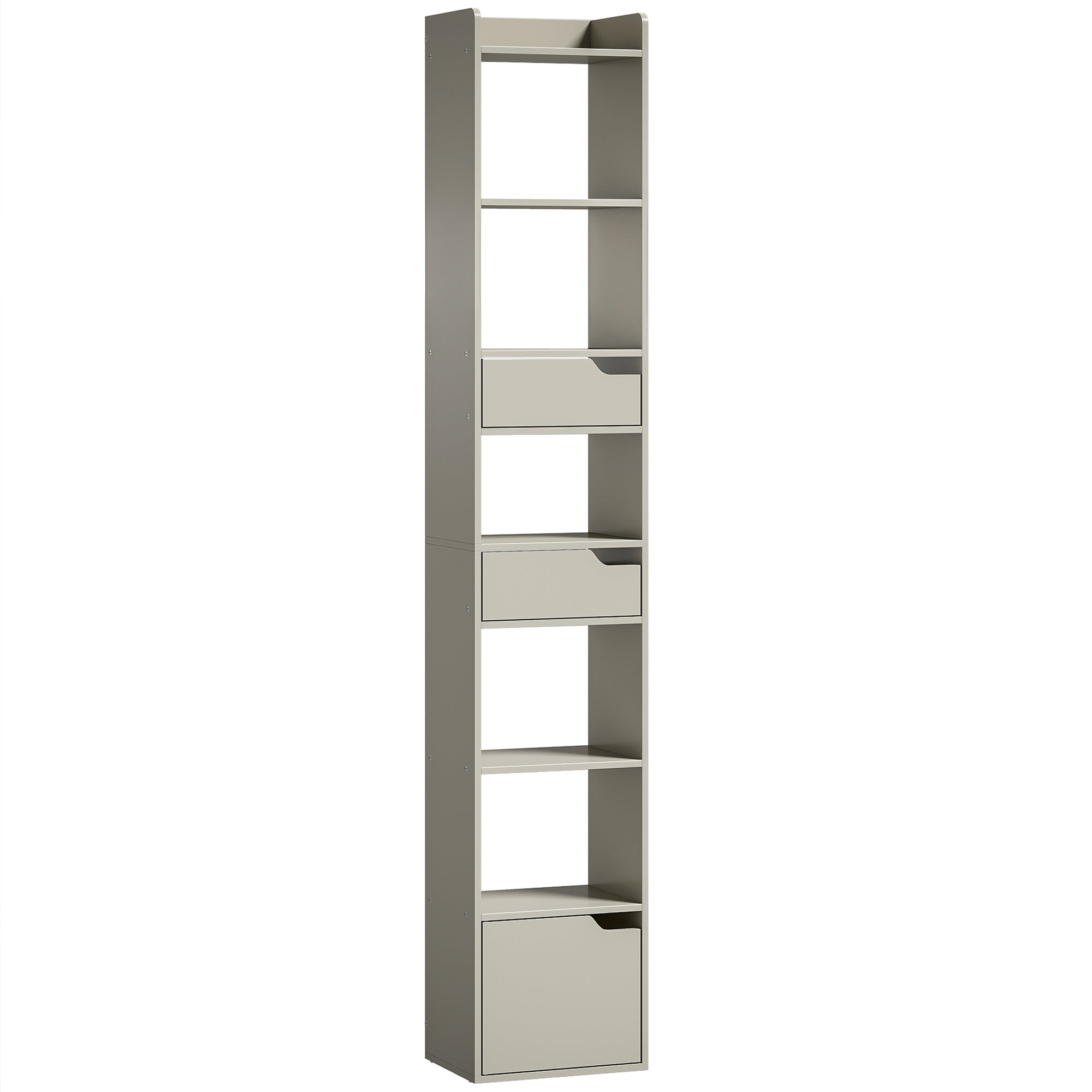 Bookcase with Drawers and Cabinet, 5-Tier Bookshelf, Narrow Tall Storage Cabinet with Anti-Tip for Living Room, Study, Home Office, Grey