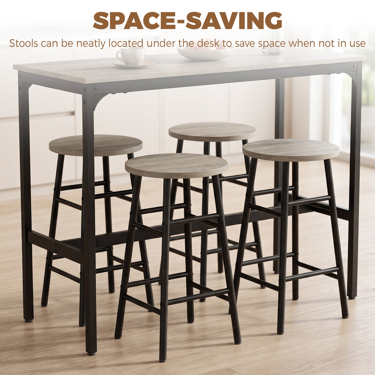 5 Piece Bar Table Set with 4 Stools, Industrial Bar Table and Stool Set, Dining Table and Chair Set for Small Space, Grey Wood Effect