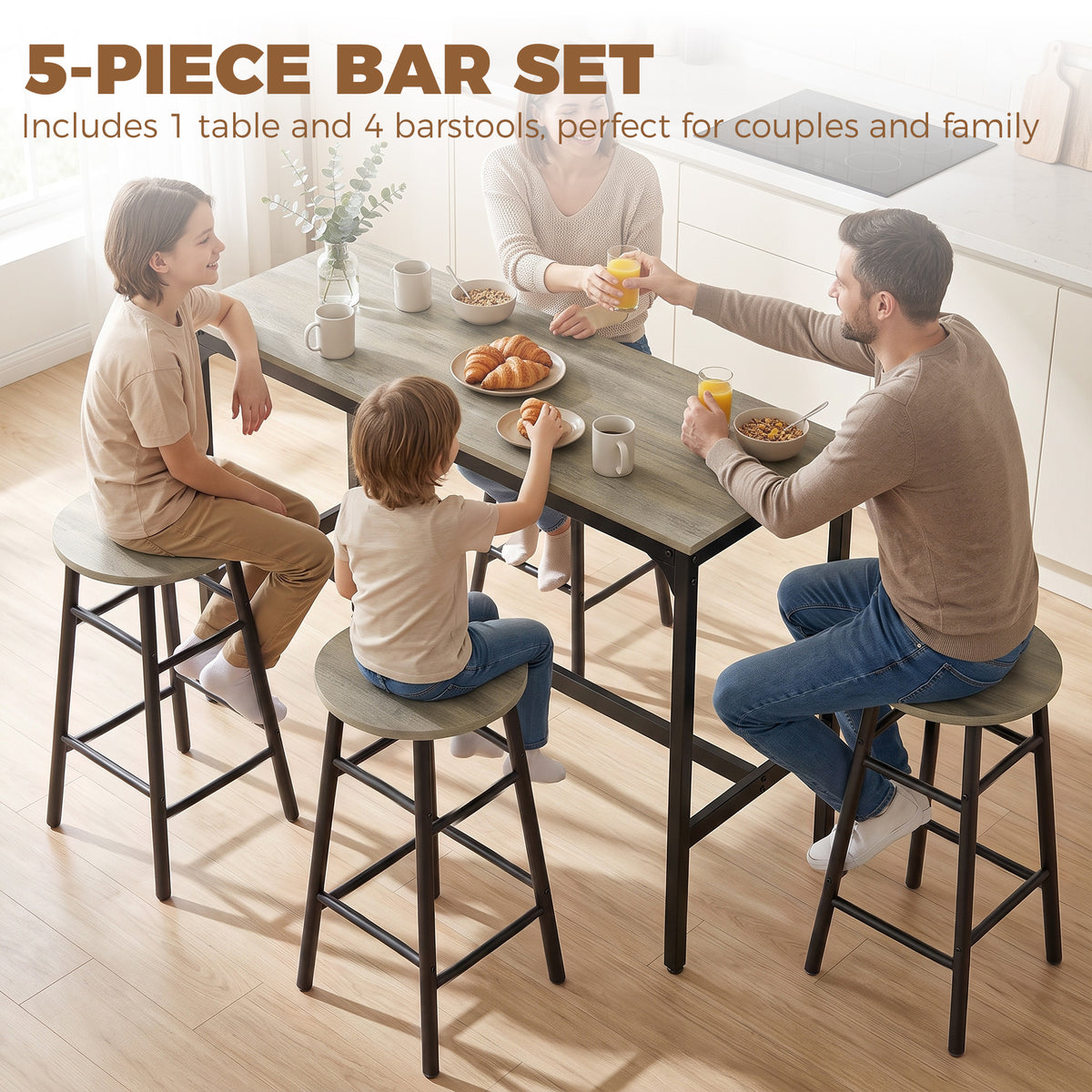 5 Piece Bar Table Set with 4 Stools, Industrial Bar Table and Stool Set, Dining Table and Chair Set for Small Space, Grey Wood Effect