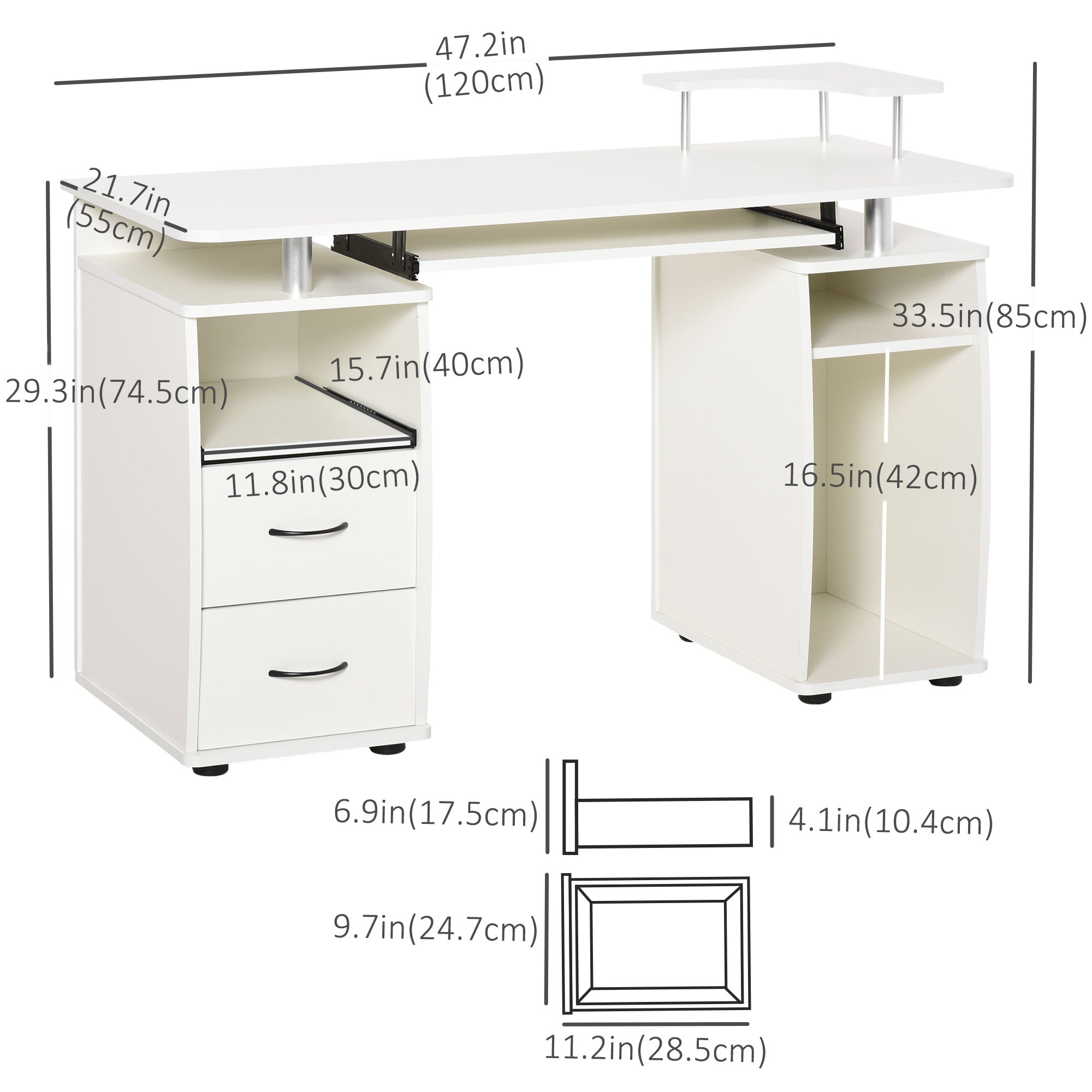 HOMCOM Computer Desk with Keyboard Tray, CPU Stand, Writing Desk with Drawers, Workstation for Home Office, White