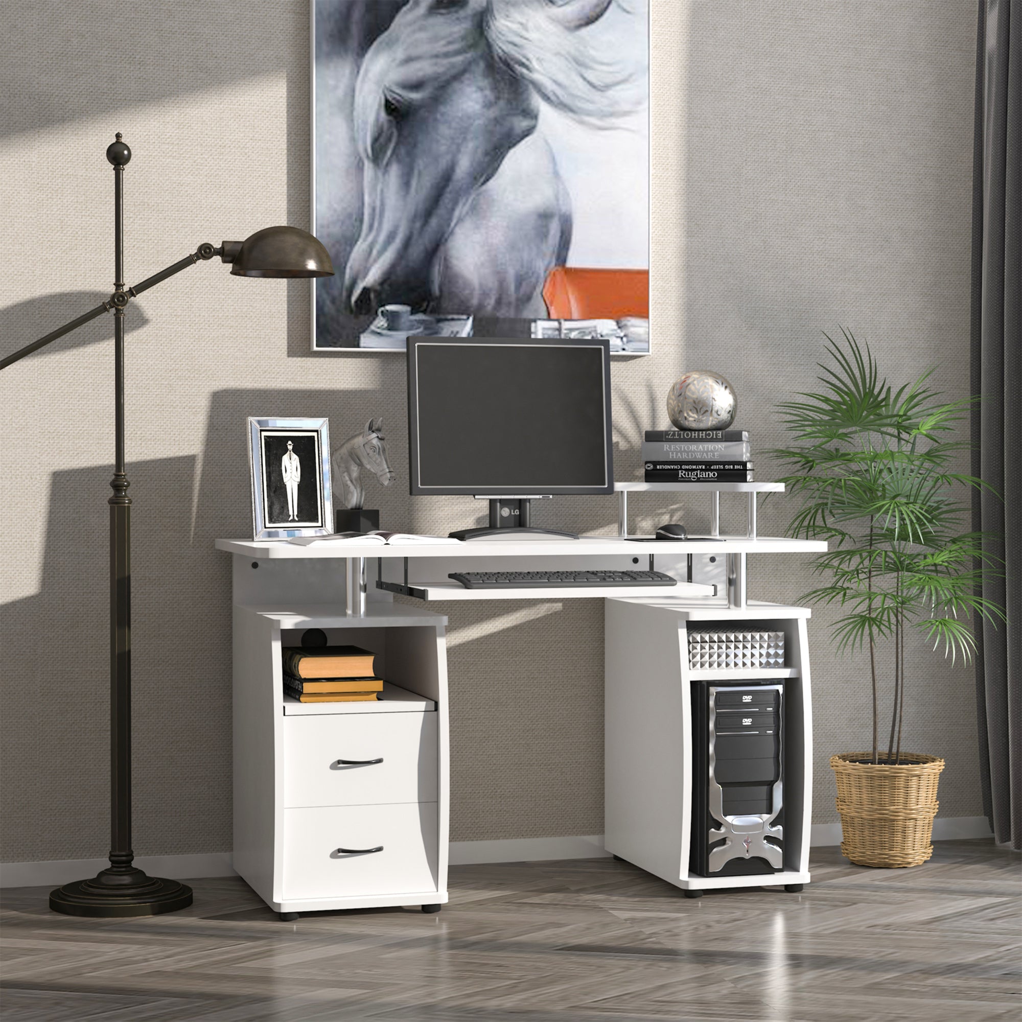 HOMCOM Computer Desk with Keyboard Tray, CPU Stand, Writing Desk with Drawers, Workstation for Home Office, White