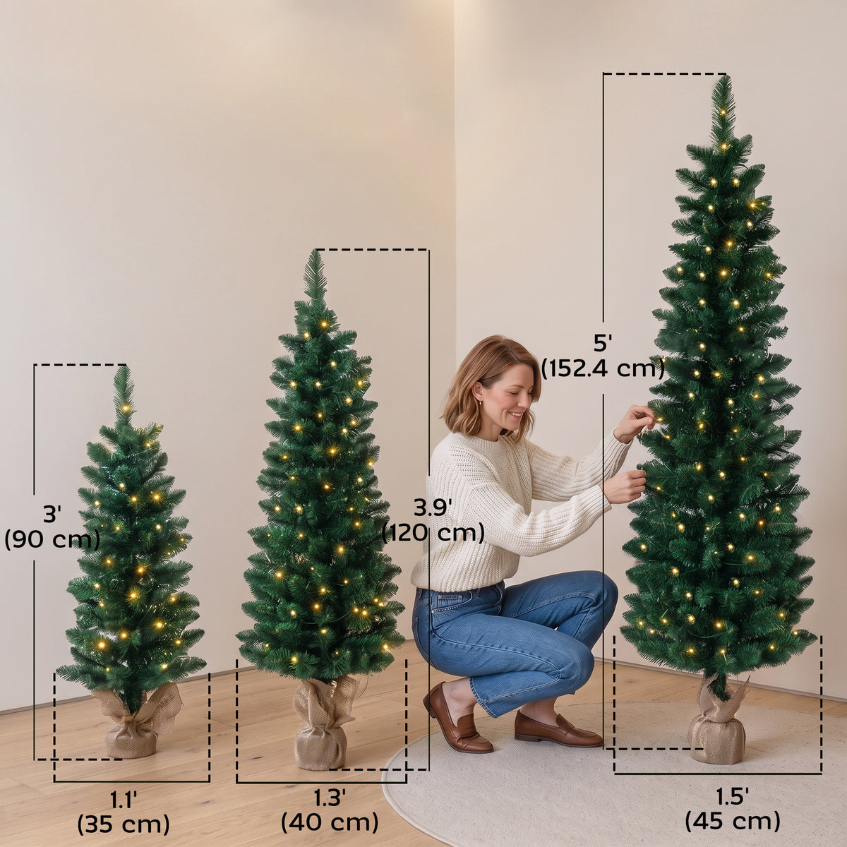 Artificial Pencil Christmas Tree Set of 3, Pre-Lit Christmas Trees with PVC Tips and Warm White LED Lights, Slim Xmas Decorations, 3/4/5 ft, Green