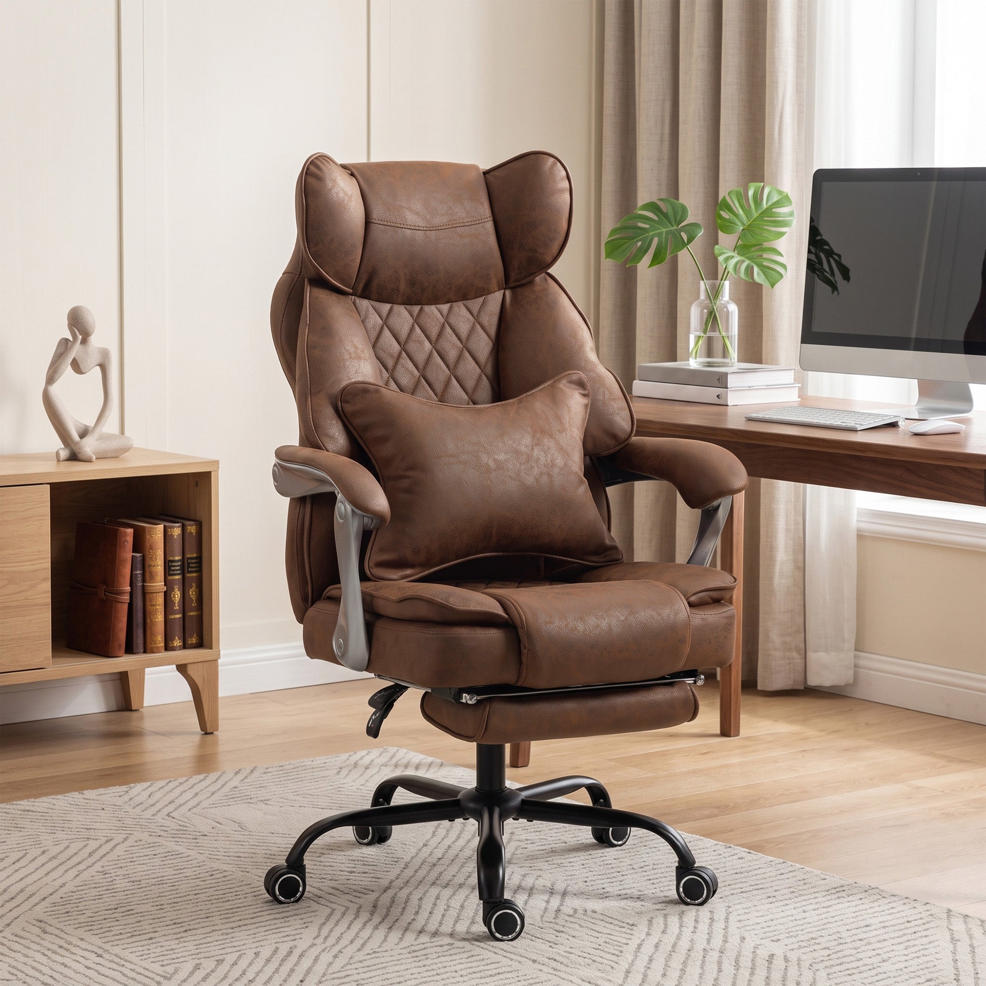 Executive Office Chair with Footrest, 180kg 400lb Big and Tall Leathaire Desk Chair with Wide Seat, Reclining Back, Lumbar Support, Built-in Headrest, Class 4 Gas Lift, Swivel Wheel, Brown