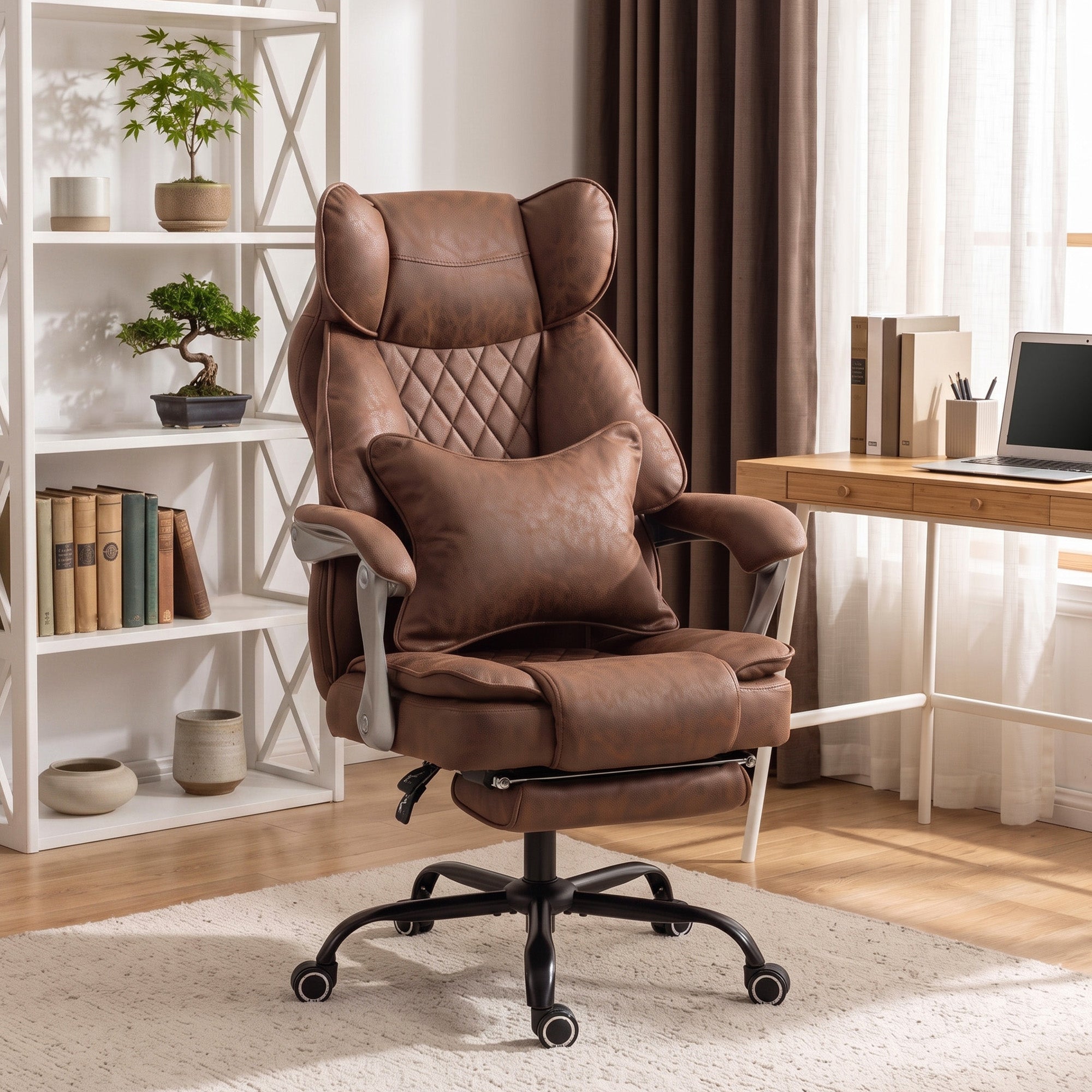 Executive Office Chair with Footrest, 180kg 400lb Big and Tall Leathaire Desk Chair with Wide Seat, Reclining Back, Lumbar Support, Built-in Headrest, Class 4 Gas Lift, Swivel Wheel, Brown