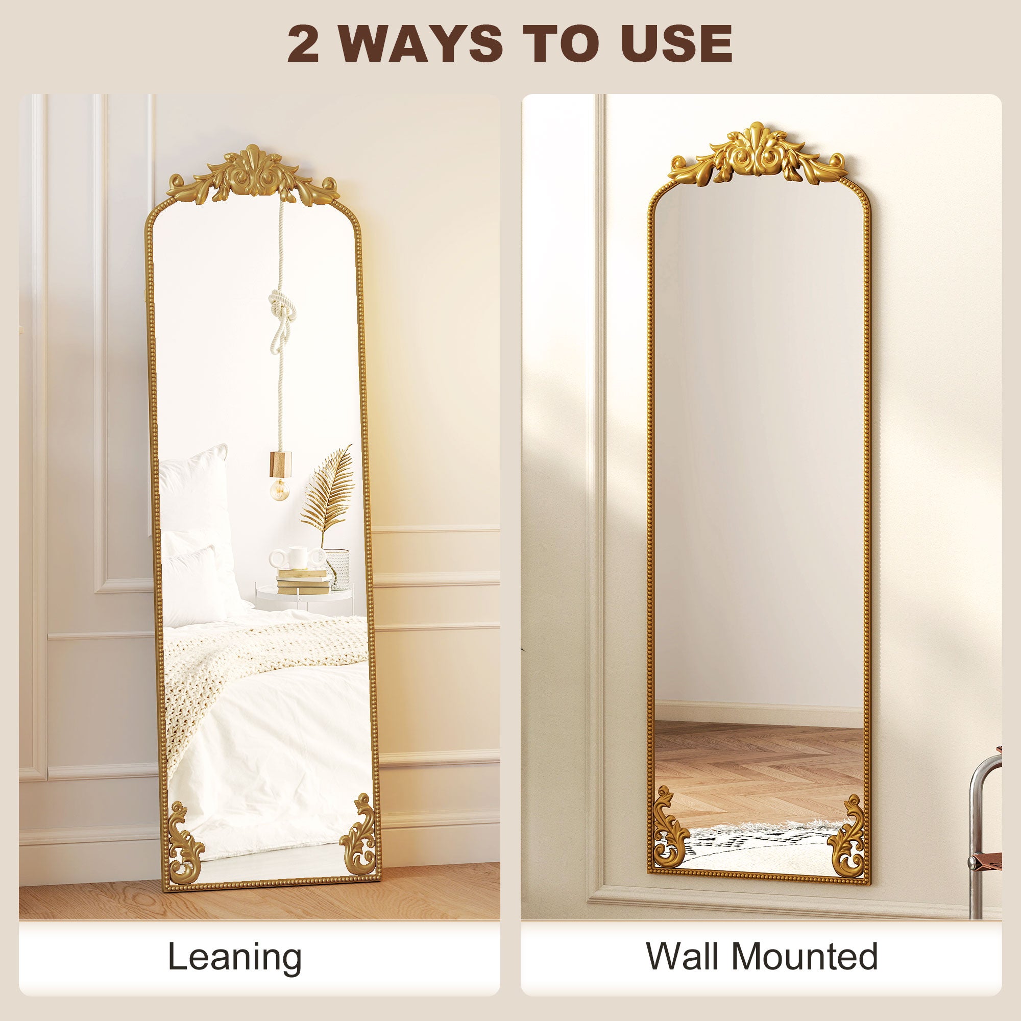 Full Length Mirror, 50 x 160 cm Hanging or Leaning Against Wall Floor Mirror with Baroque Metal Frame for Bedroom, Living Room, Dressing Room, Gold Tone