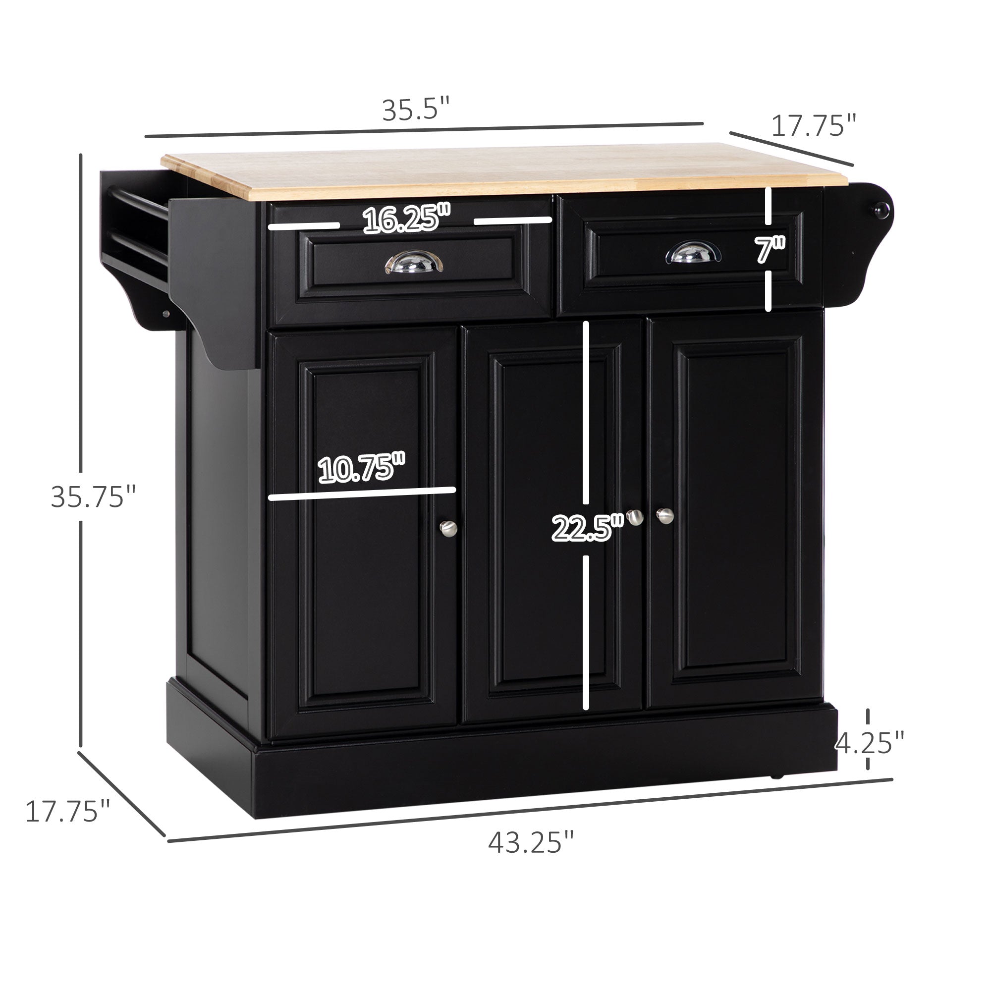 Triple-Cabinet Kitchen Island on Wheels, Kitchen Storage Cabinet with Drawers, Rolling Utility Cart, Black