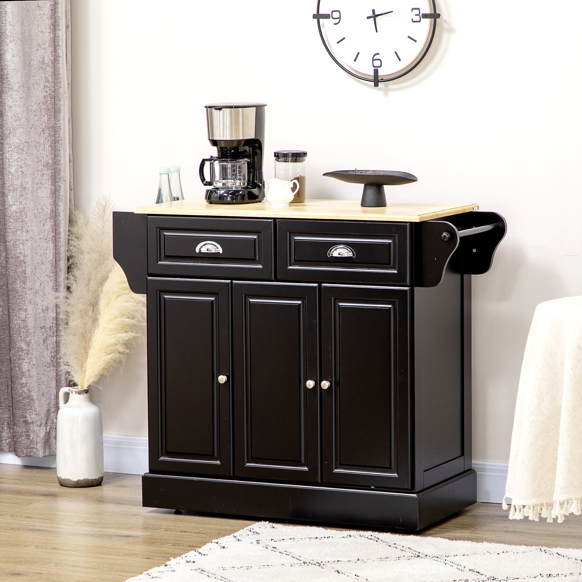 Triple-Cabinet Kitchen Island on Wheels, Kitchen Storage Cabinet with Drawers, Rolling Utility Cart, Black