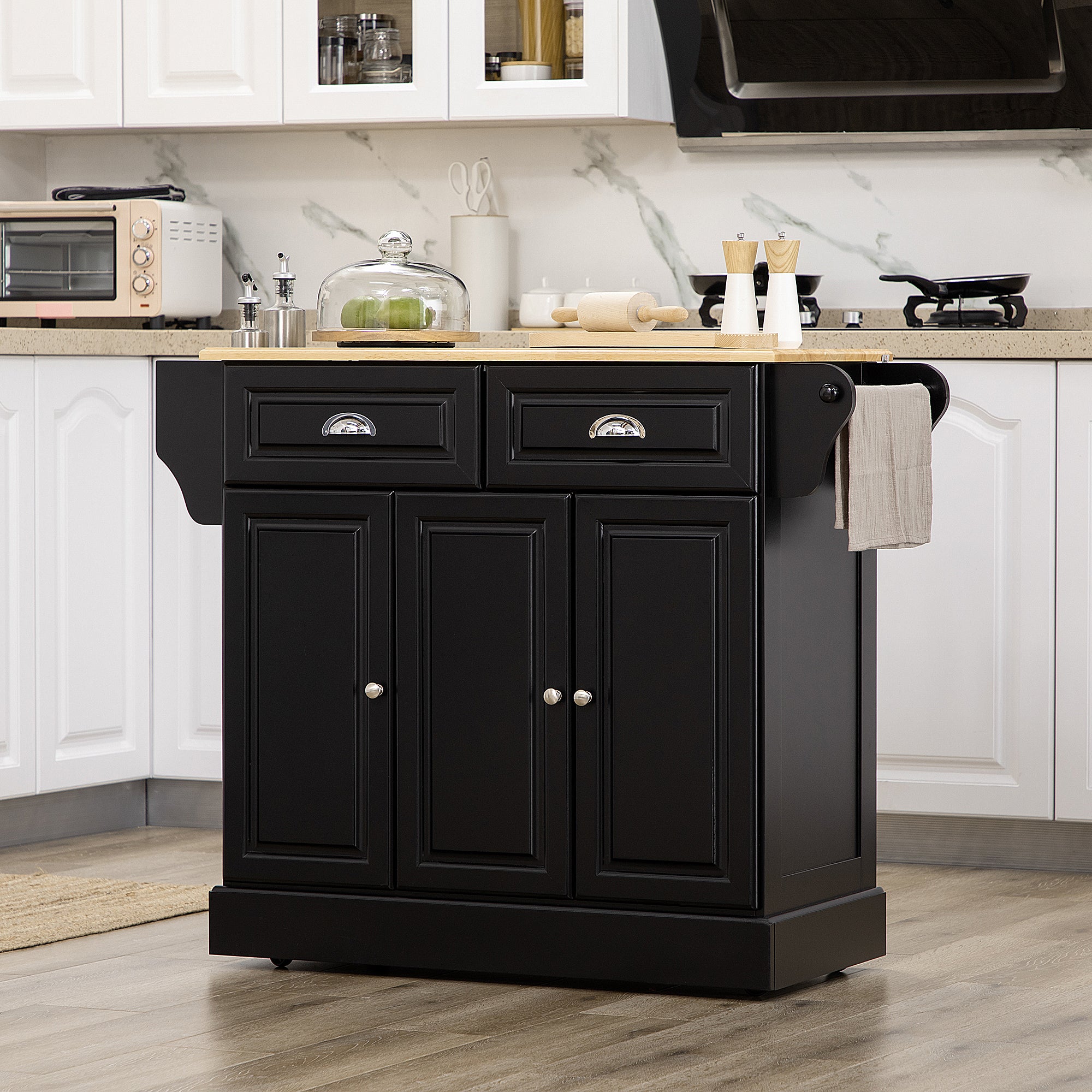 Triple-Cabinet Kitchen Island on Wheels, Kitchen Storage Cabinet with Drawers, Rolling Utility Cart, Black