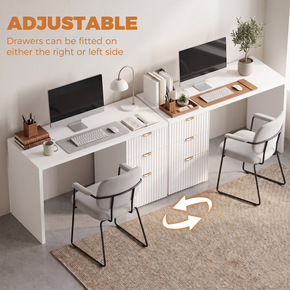 Computer Desk with 3 Drawers, 47" Reversible Home Office Desk with Storage, Thick Top, Modern Study Table with File Drawer for A4 and Letter Size, Bedroom, Studio, White