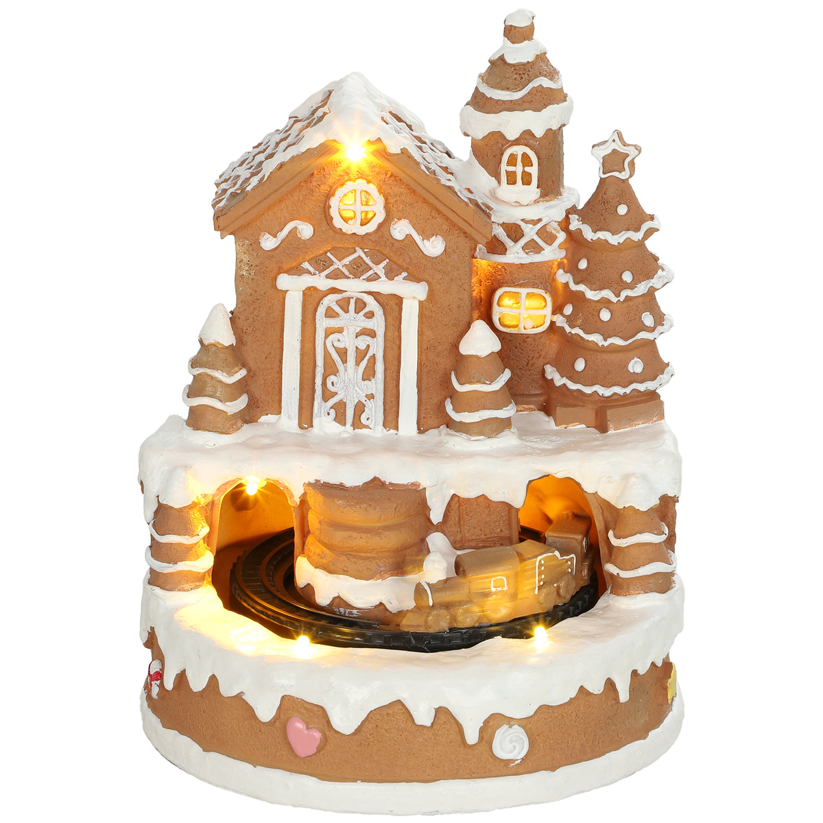 Christmas Gingerbread House, Lighted Musical Snow Village, Tabletop Polyresin Decoration with Rotating Train, 7 Warm White LED Lights, 8 Classic Christmas Tunes, Battery Operated