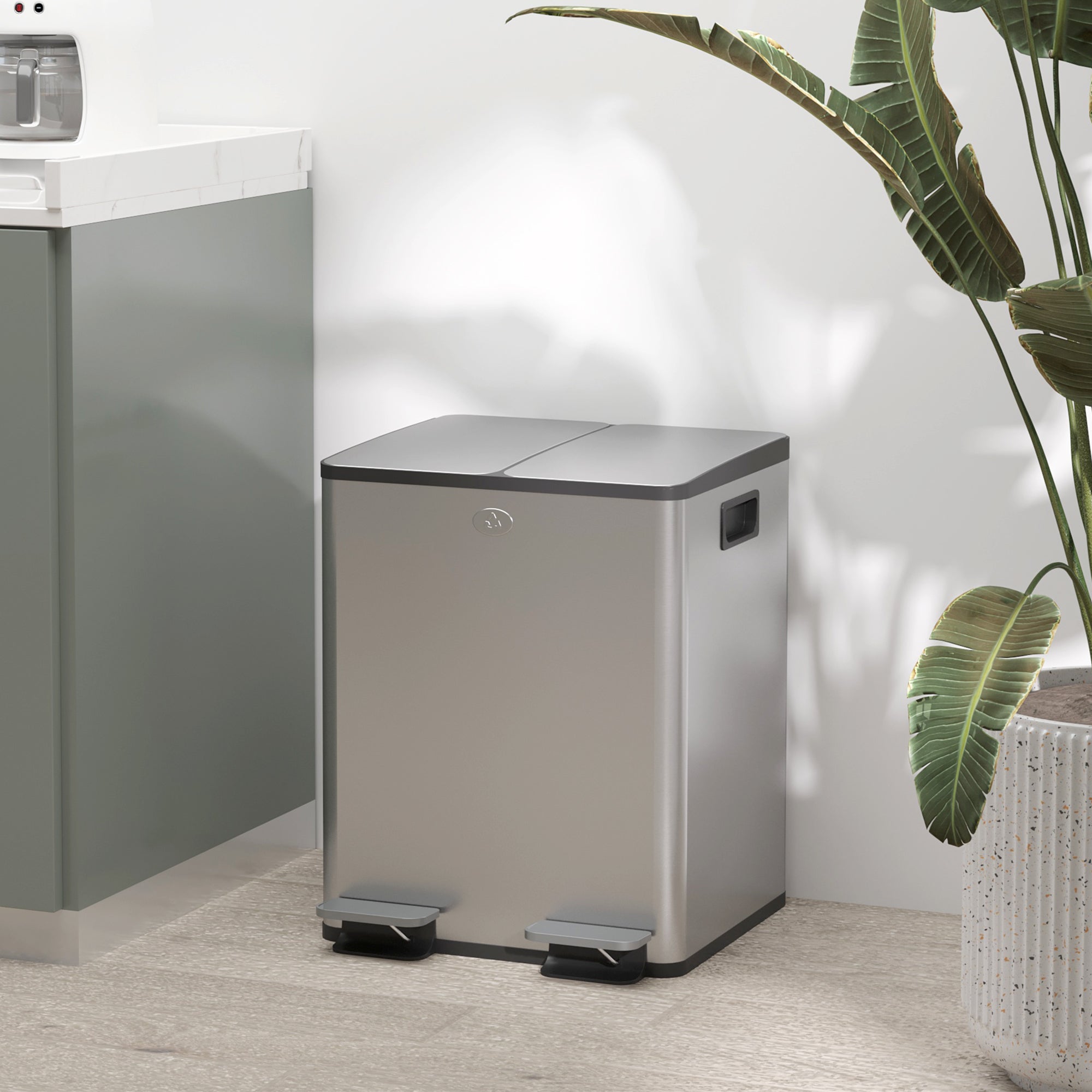 HOMCOM Dual Kitchen Bin, 2 x 20L Pedal Bin, Stainless Steel Double Rubbish Bin with Soft Close Lid, Removable Inner Buckets, Fingerprint-Proof for Recycling and Waste, Silver