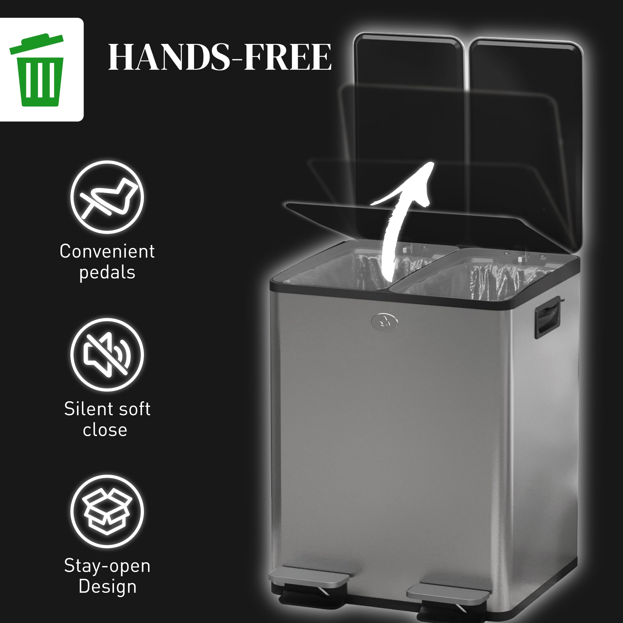 HOMCOM Dual Kitchen Bin, 2 x 20L Pedal Bin, Stainless Steel Double Rubbish Bin with Soft Close Lid, Removable Inner Buckets, Fingerprint-Proof for Recycling and Waste, Silver