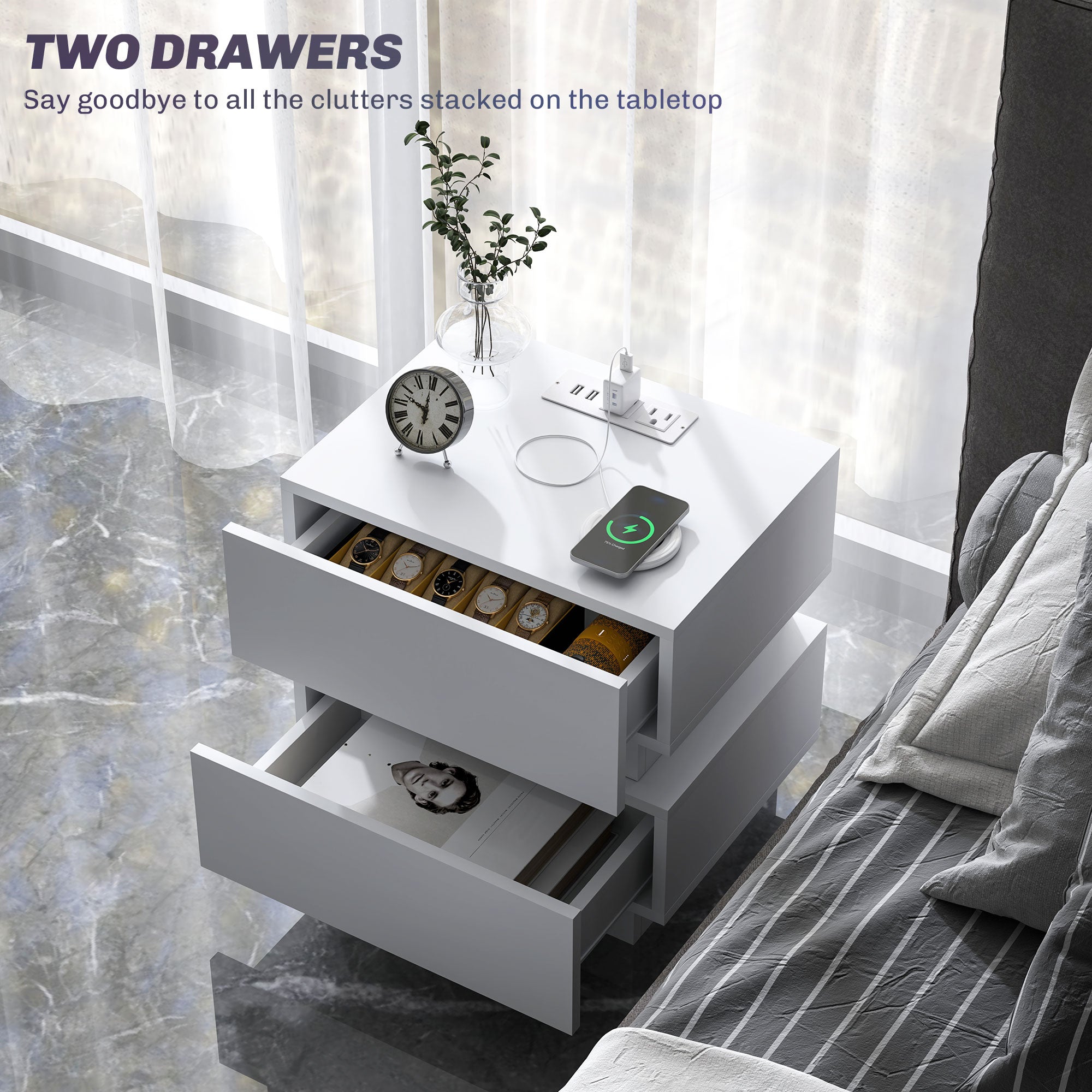 HOMCOM Nightstand with Charging Station and LED Light, Bedside Table with USB Ports and AC Outlets, Side Table with Storage and Remote for Bedroom, White