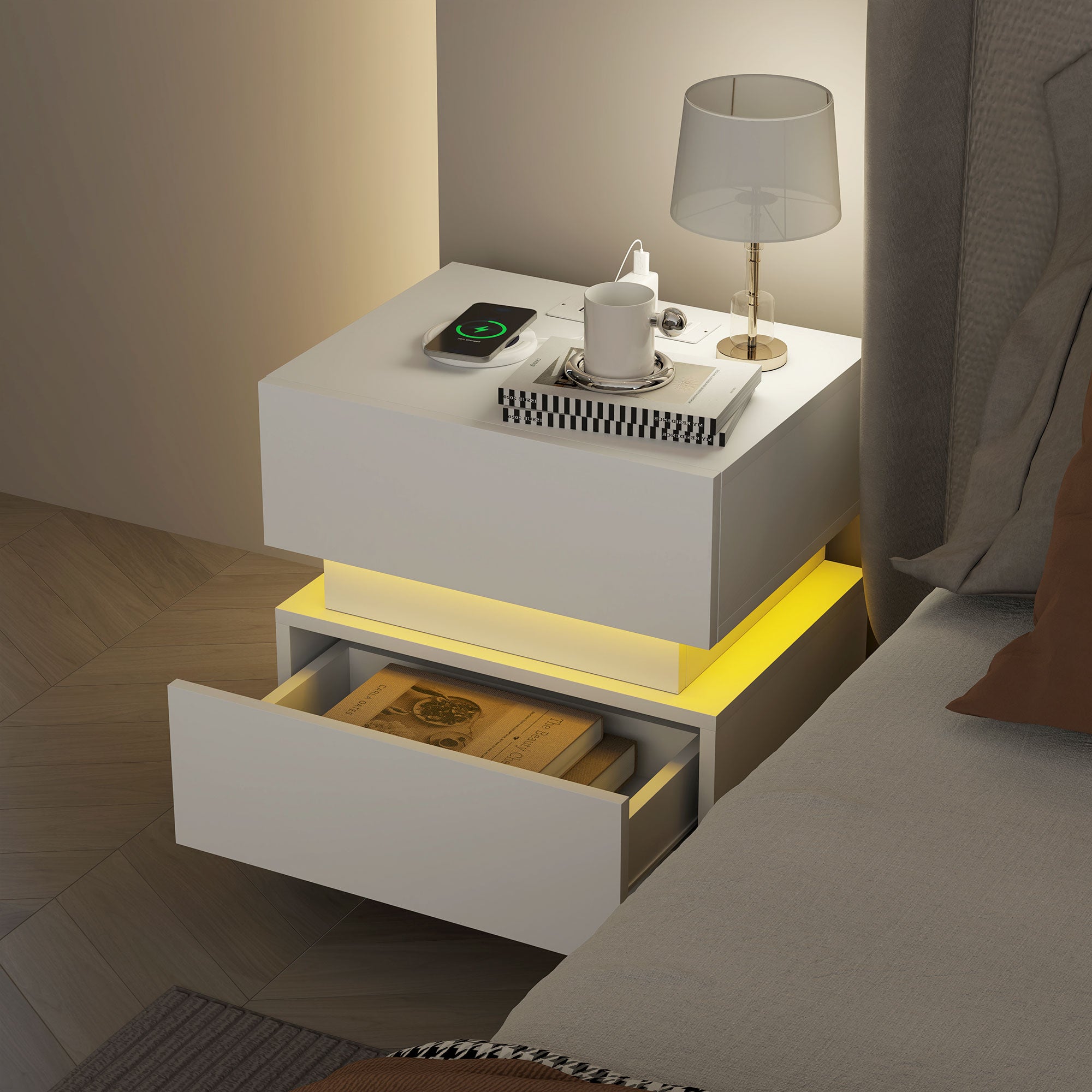 HOMCOM Nightstand with Charging Station and LED Light, Bedside Table with USB Ports and AC Outlets, Side Table with Storage and Remote for Bedroom, White