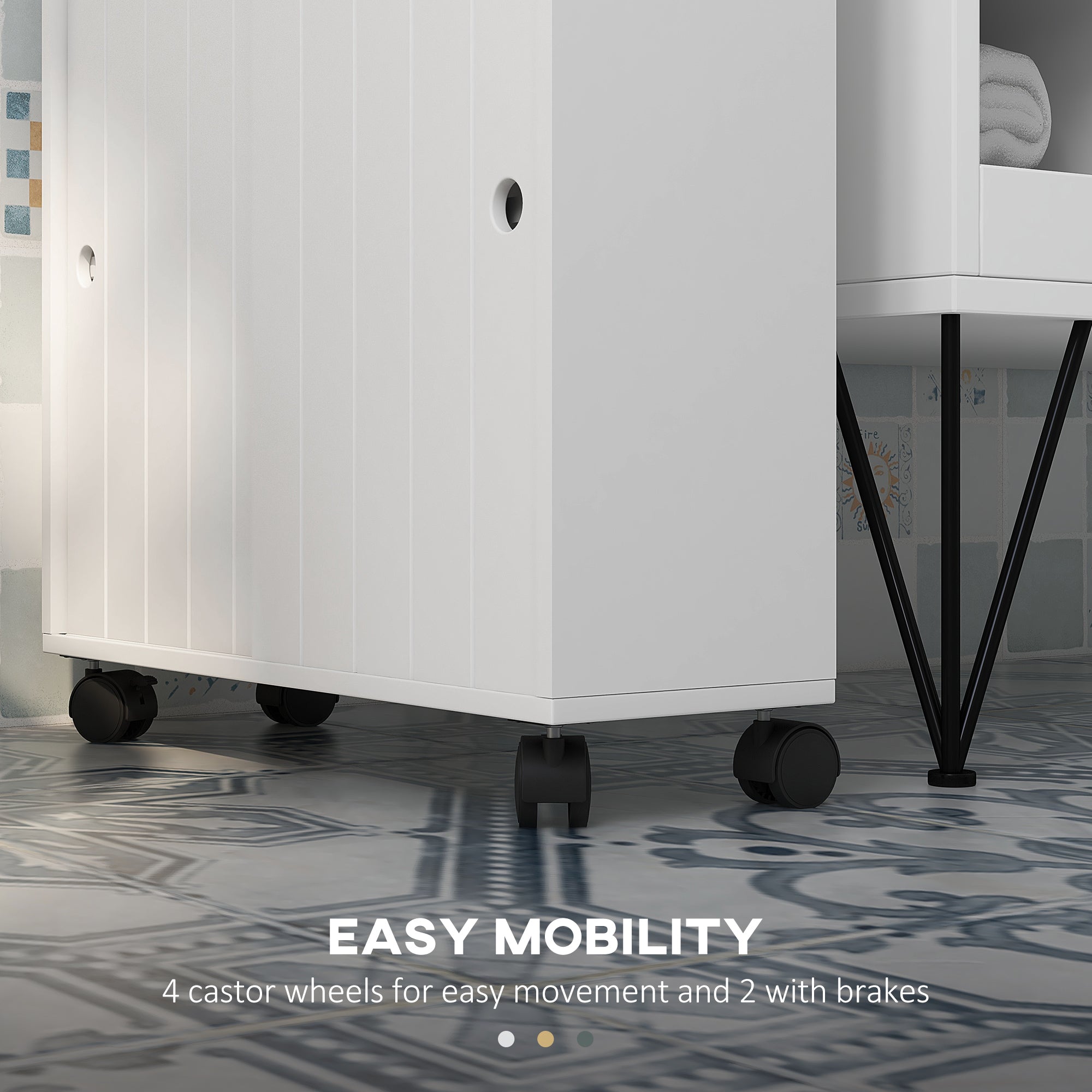 Slim Bathroom Cabinet, Modern Narrow Bathroom Storage Cabinet with 4 Rolling Wheels and Paper Holes, White