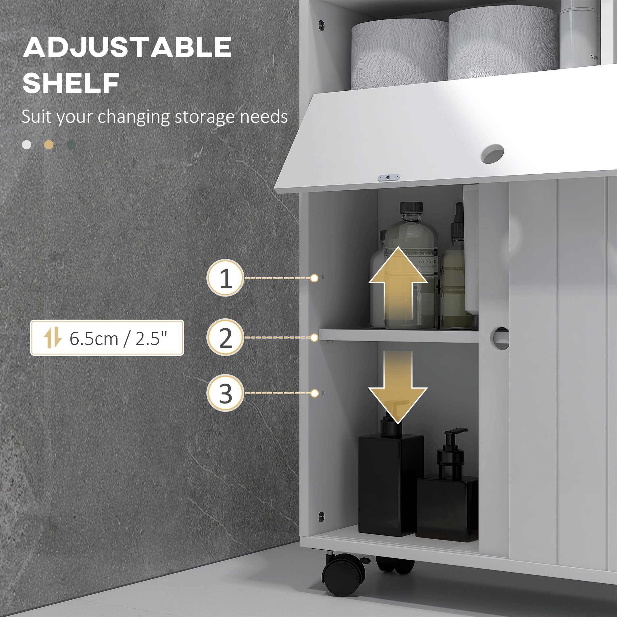 Slim Bathroom Cabinet, Modern Narrow Bathroom Storage Cabinet with 4 Rolling Wheels and Paper Holes, White